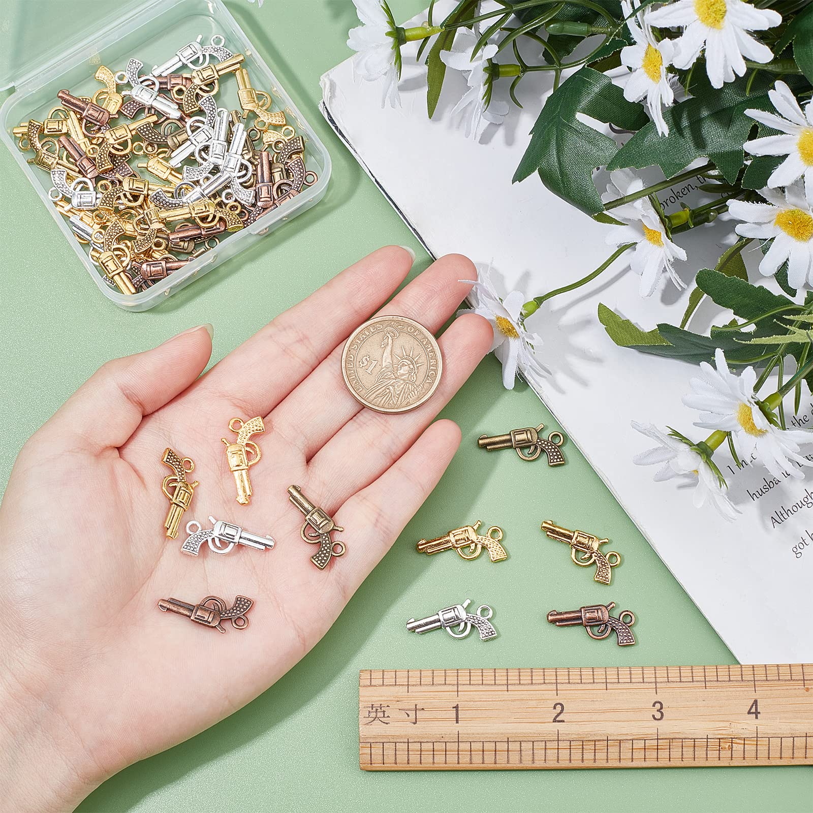 SUNNYCLUE 1 Box 50Pcs 5 Colors Gun Charms Alloy Weapon Charm Pistol Revolver Weapon Pendants Craft Supplies for Jewelry Finding Making Accessory DIY Bracelet - Image 3