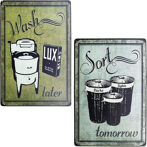 PXIYOU Wash & Sort - Paquete de letreros de hojalata vintage para cuarto de servicio, rústico, cuarto de baño, decoración del hogar, 2 unidades, 8 x