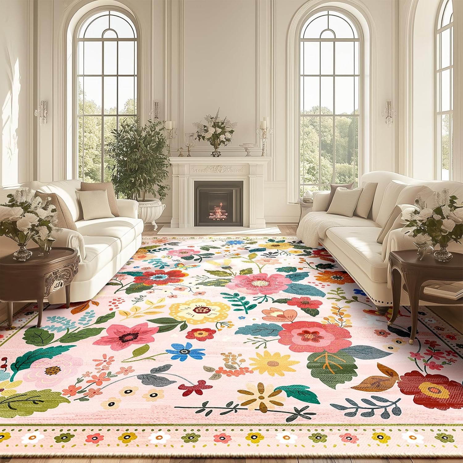 floral 8x10 area rug machine washable boho carpet non slip doormat low pile flower area rugs for living room bedroom kitchen dining room hallway entryway indoor-pink/beige pink/beige 8x10