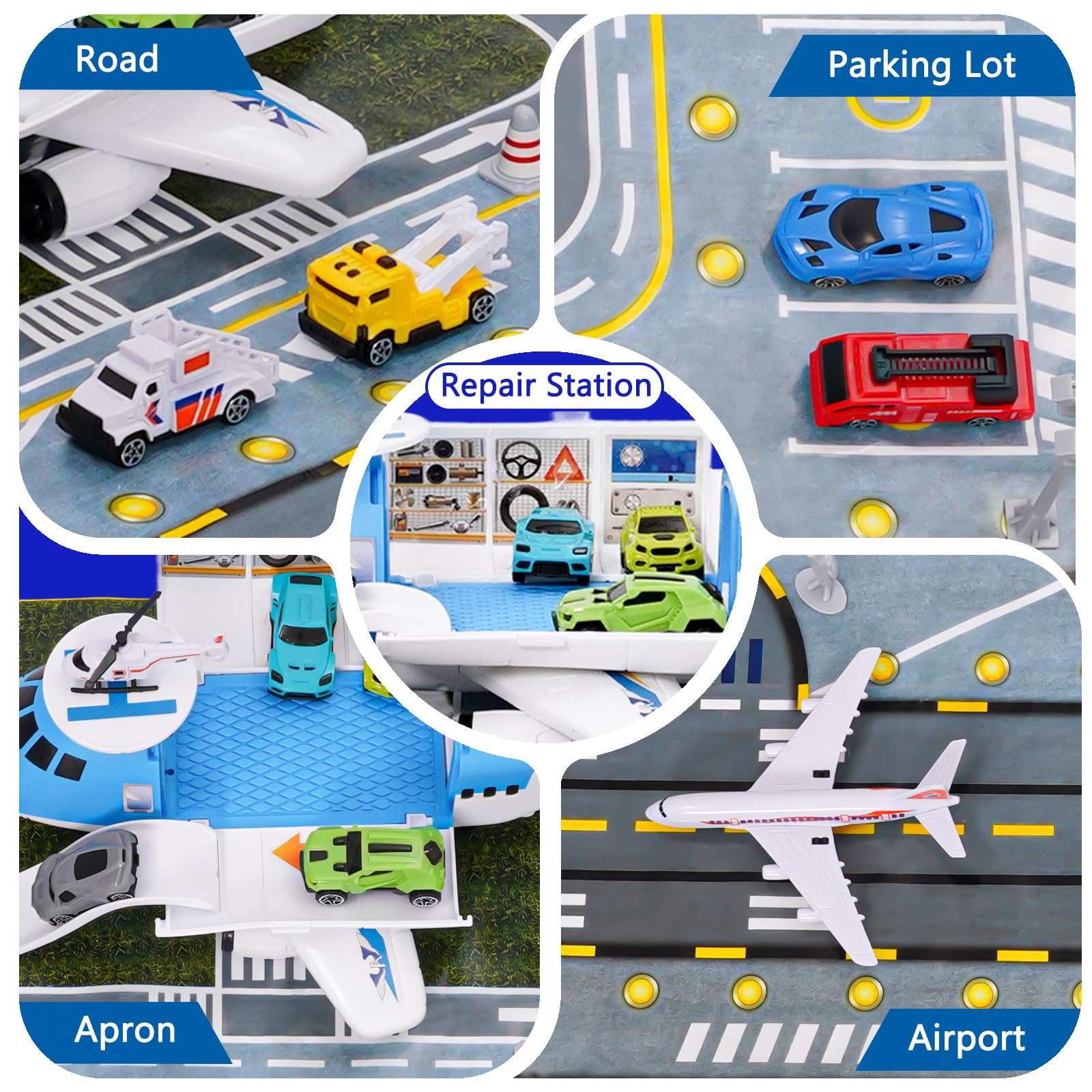 Airport Toys Airplane Car Toy Set for Kids with Trucks Helicopter, Planes, Signs, Fire Trucks Race Cars and Airport Playmat - Image 4