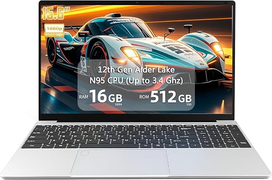 15.6" Laptop Computer, 12th Gen N95 Quad-Core, 16GB RAM, 512GB NVMe SSD, FHD IPS Display, Backlit Keyboard, Silver Portable Notebook, Pre-Installed System