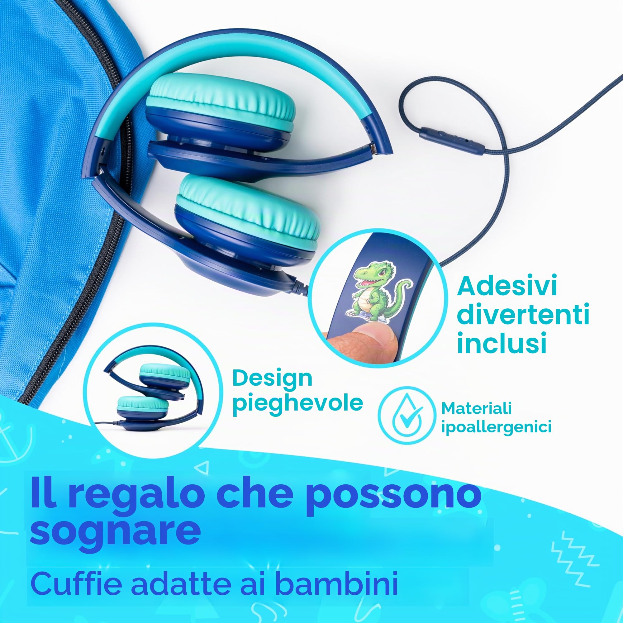 PowerLocus Cuffie per Bambini con Filo, Pieghevoli, Limitazione Volume 85/94dB, 3.5mm Jack, Microfono, Hi-Fi Stereo per Telefono/Viaggio/PC (Blu)
