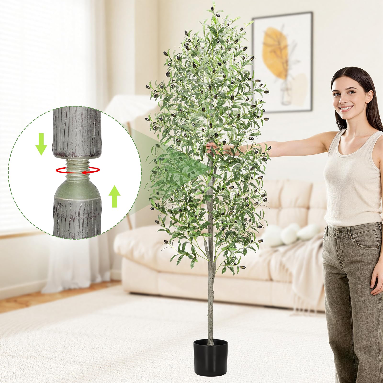 Alyvisun 180cm Olivenbaum Künstlich Groß, Künstlicher Olivenbaum mit Naturgetreuen Olivenzweigen, Zementgewicht Sowie Verstärktem Bodenfuß für Dekoration von Wohnzimmer Schlafzimmer & Büro