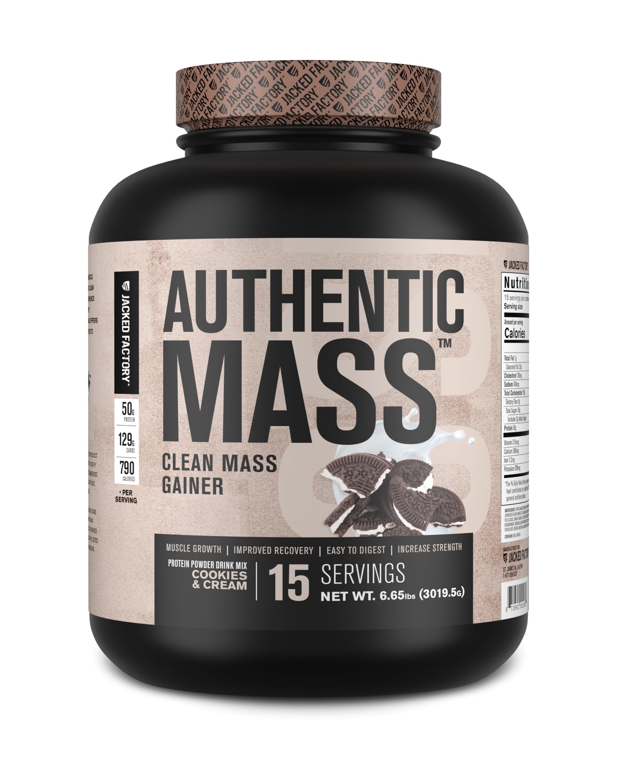 Jacked Factory Authentic Mass - Clean Mass Gainer Protein Powder for Weight Gain - High Calorie Weight Gainer and Muscle Builder for Strength & Size - 15 Servings, Cookies & Cream