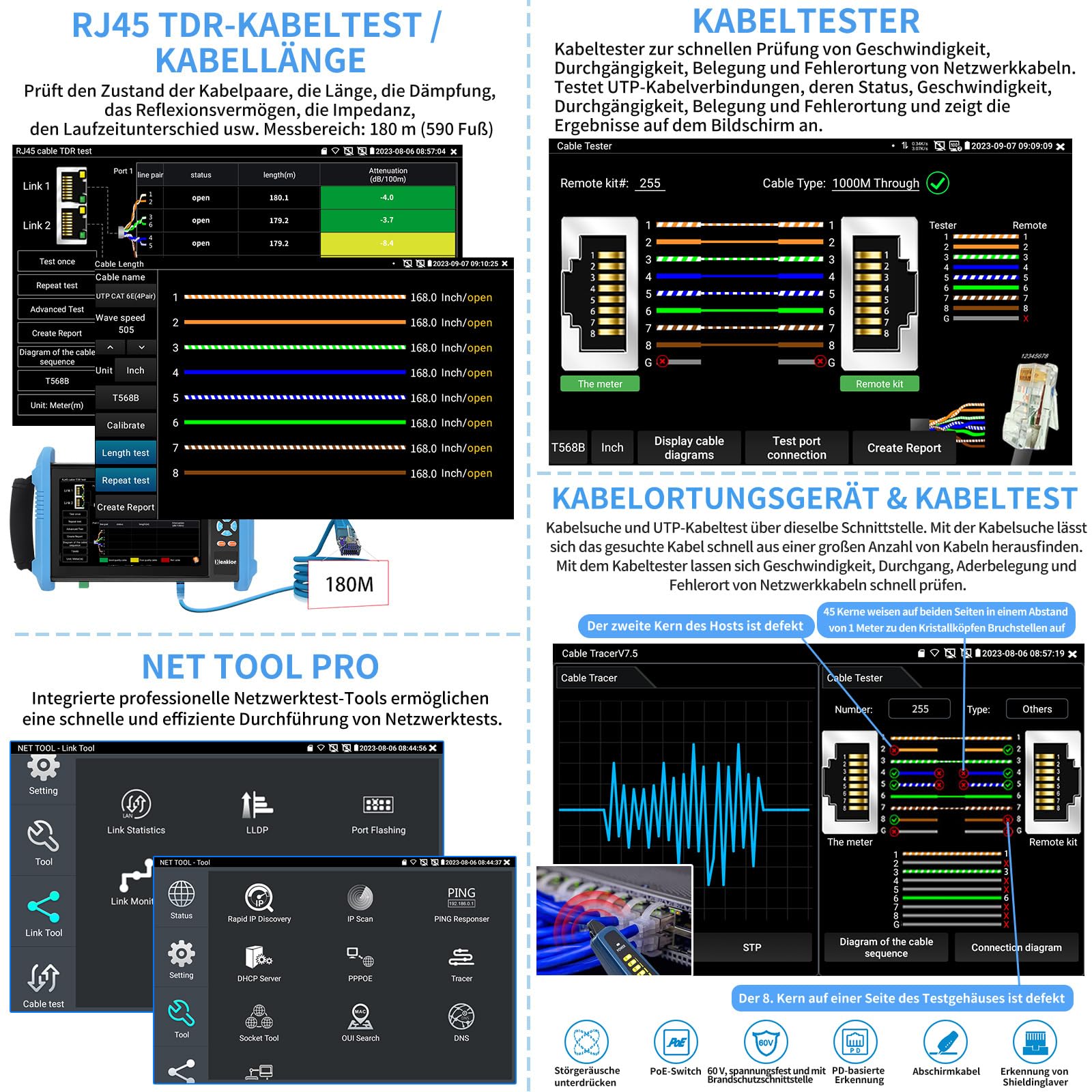 Henkion CCTV-Tester 8K 32MP 4K 12MP IP-Kameratest mit POE++ Max 90W, 8MP CVI TVI AHD SDI CVBS Koaxialkameratest 7 Zoll Touchscreen Unterstützung 1CH SFP HD VGA TDR WiFi RS485 IPC Tester IPC-9800CADHS