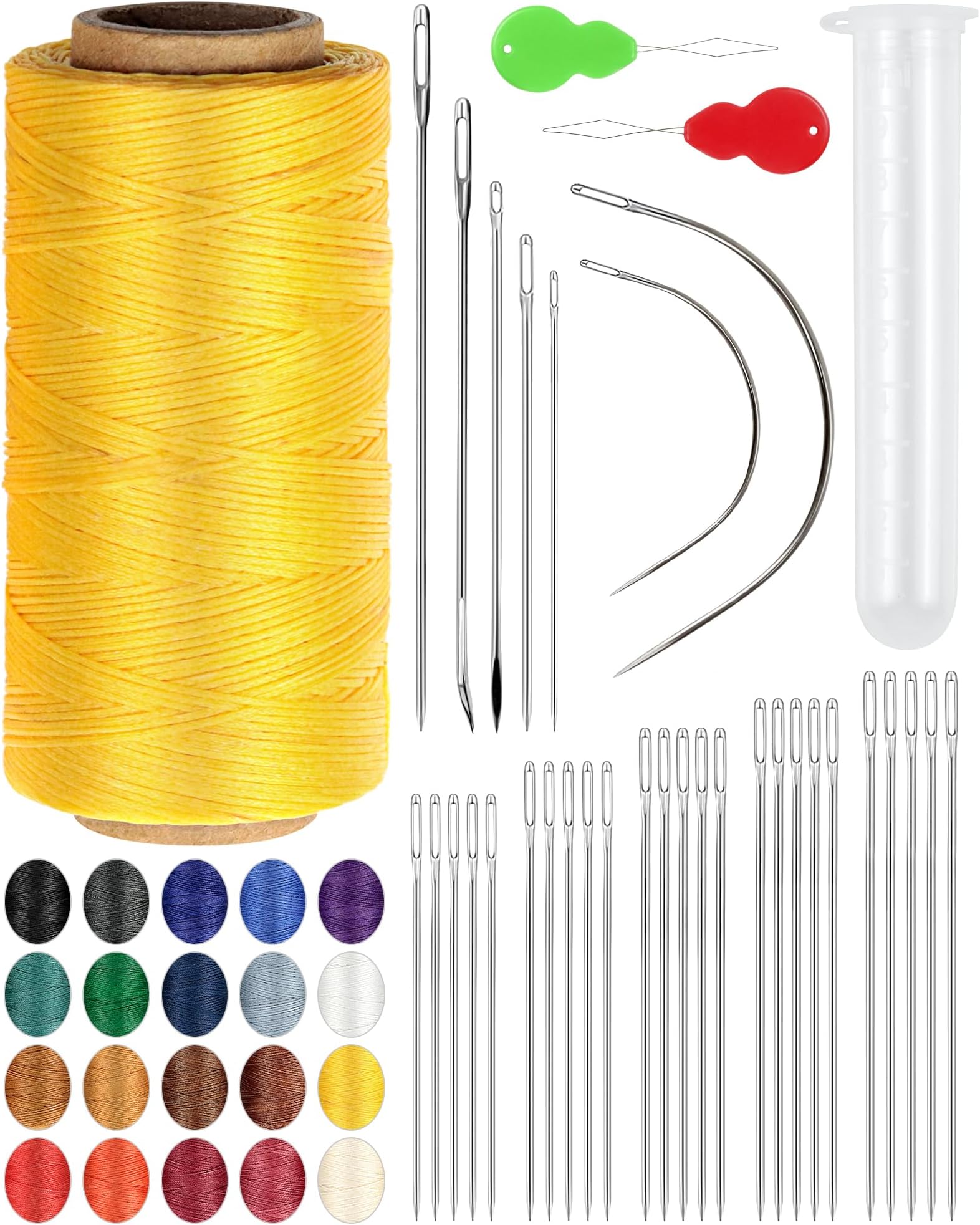 PLANTIONAL Leather Upholstery Sewing Waxed Thread: 218 Yards 210D Wax String Set with 30Large Eye Hand Sewing Needles,2 Curved Needle and 2 pcs Needle threaders