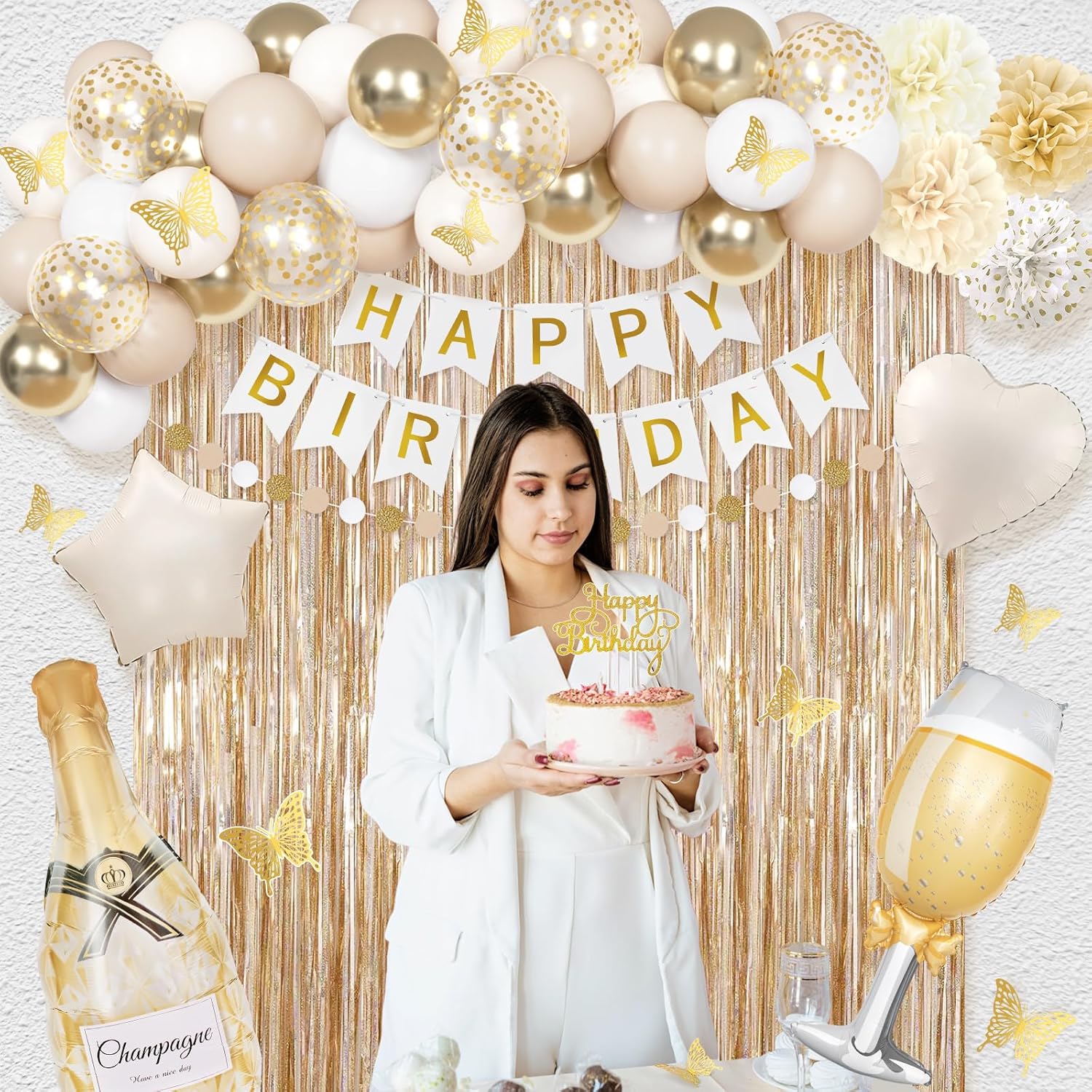 Ouddy Life White Gold Birthday Party Decorations Kit for Women Girls, Happy Birthday Banner, Sand White Metallic Gold Foil Confetti Balloons, Fringe Curtain, Cake Topper, Pompoms, Butterfly Supplies - Image 3
