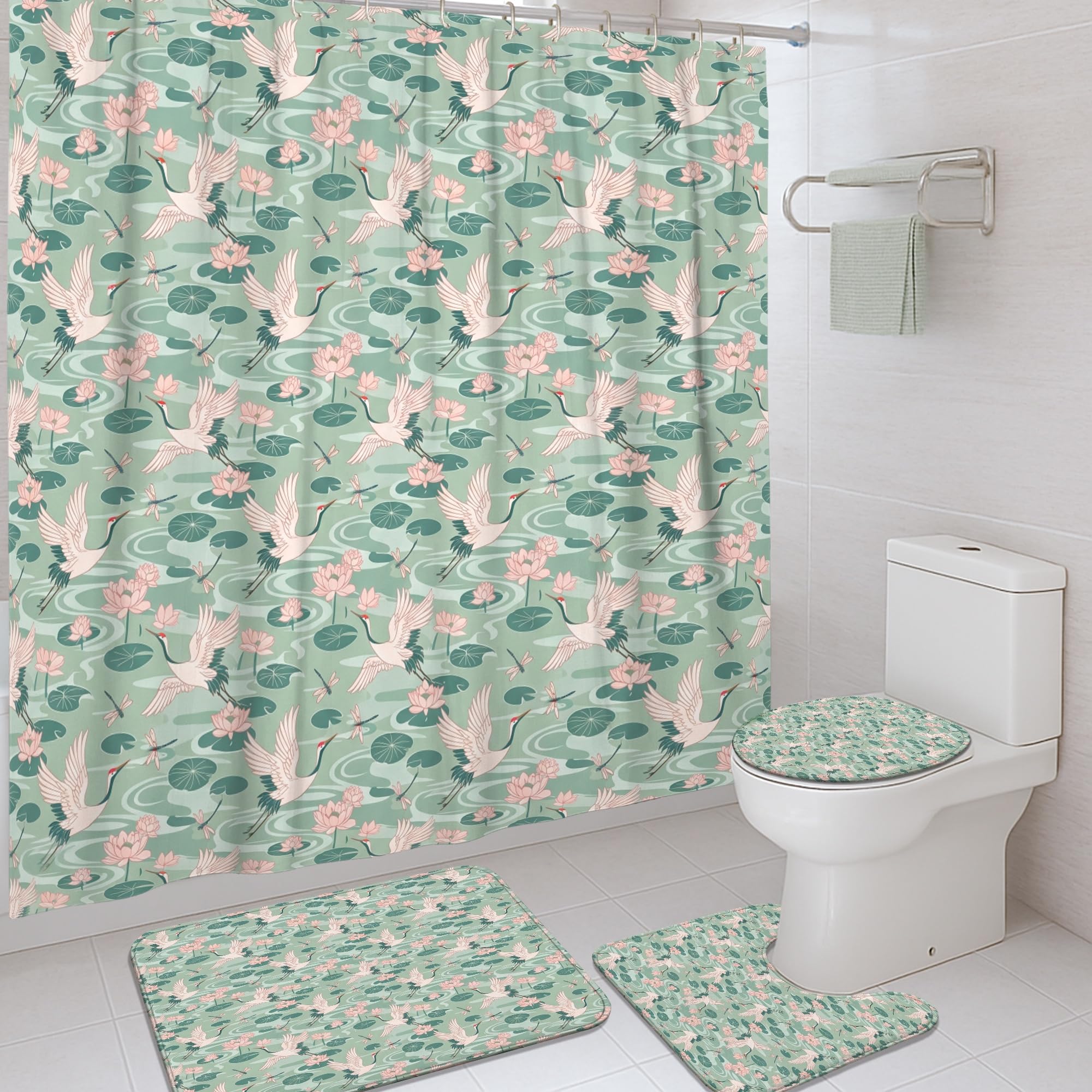 Rideau de douche polyester imperméable bleu sarcelle imprimé grue avec tapis