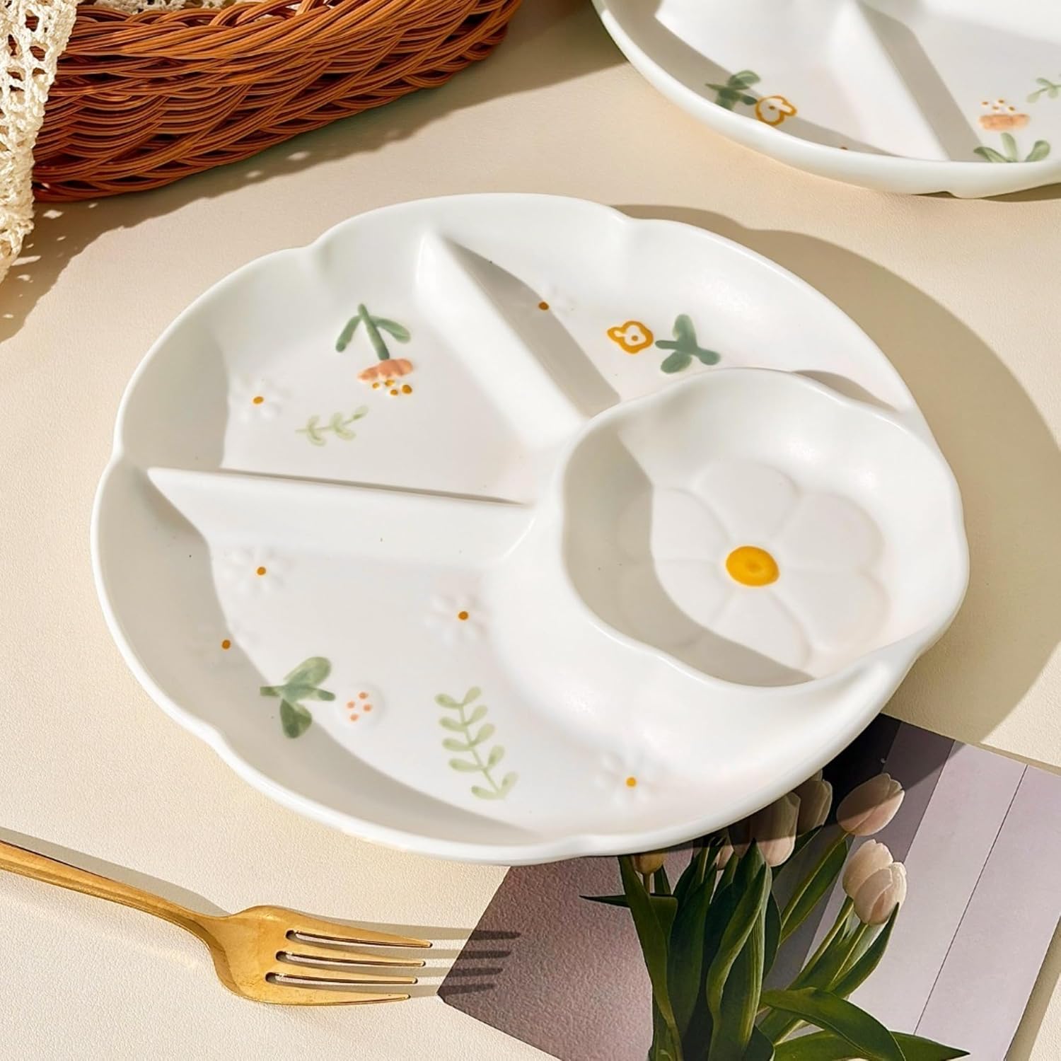 Daisy 8.5 Inch Ceramic Sectioned Dinner Plate for Portion Control, Microwave Safe, Elegant Individual Serving Dish for Adults & Kids