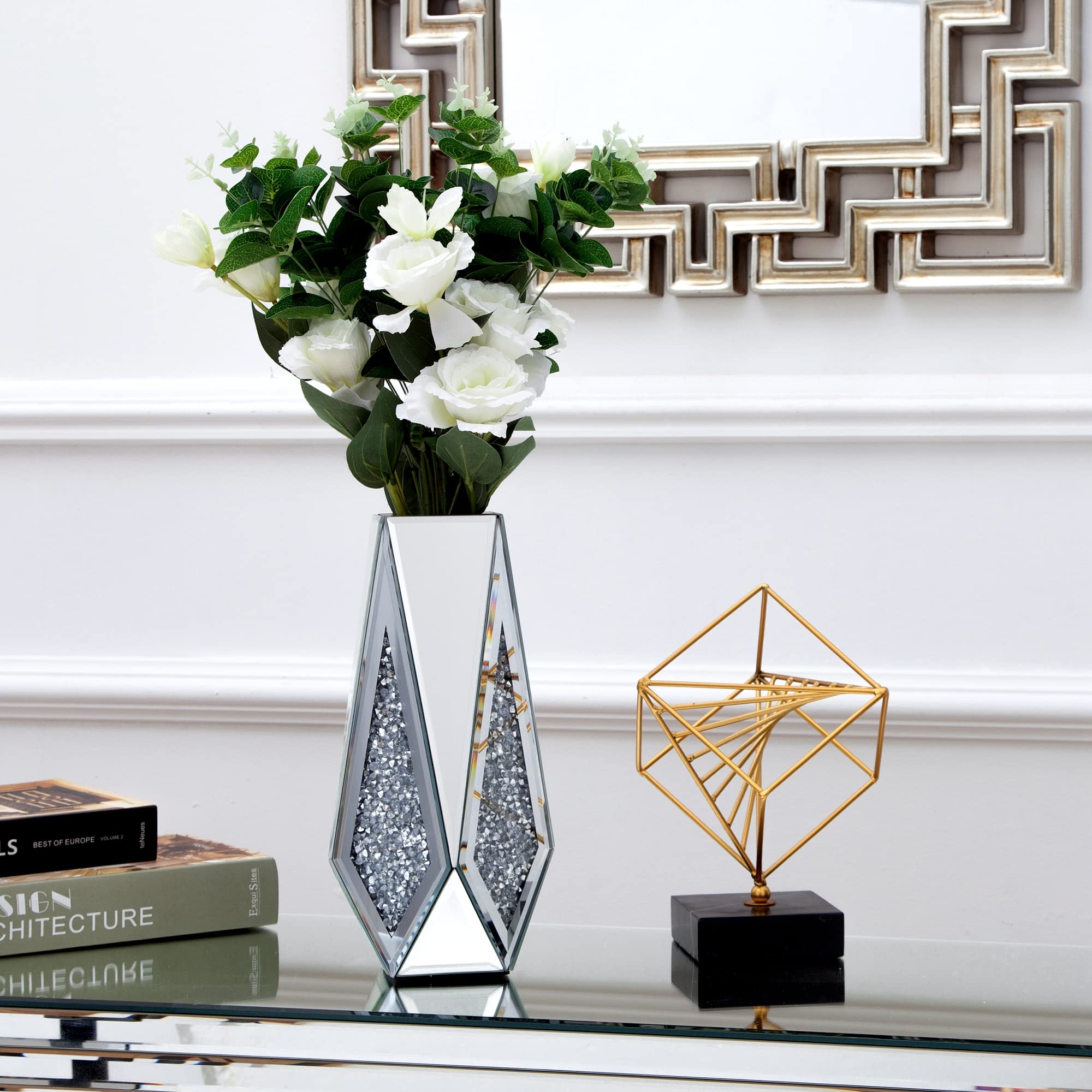 SHYFOY Vase Décoratif Grand en Verre, Miroir avec Incrustation de Diamants en Cristal, Luxe pour Décoration de la Maison, des Centres de Table, Argenté