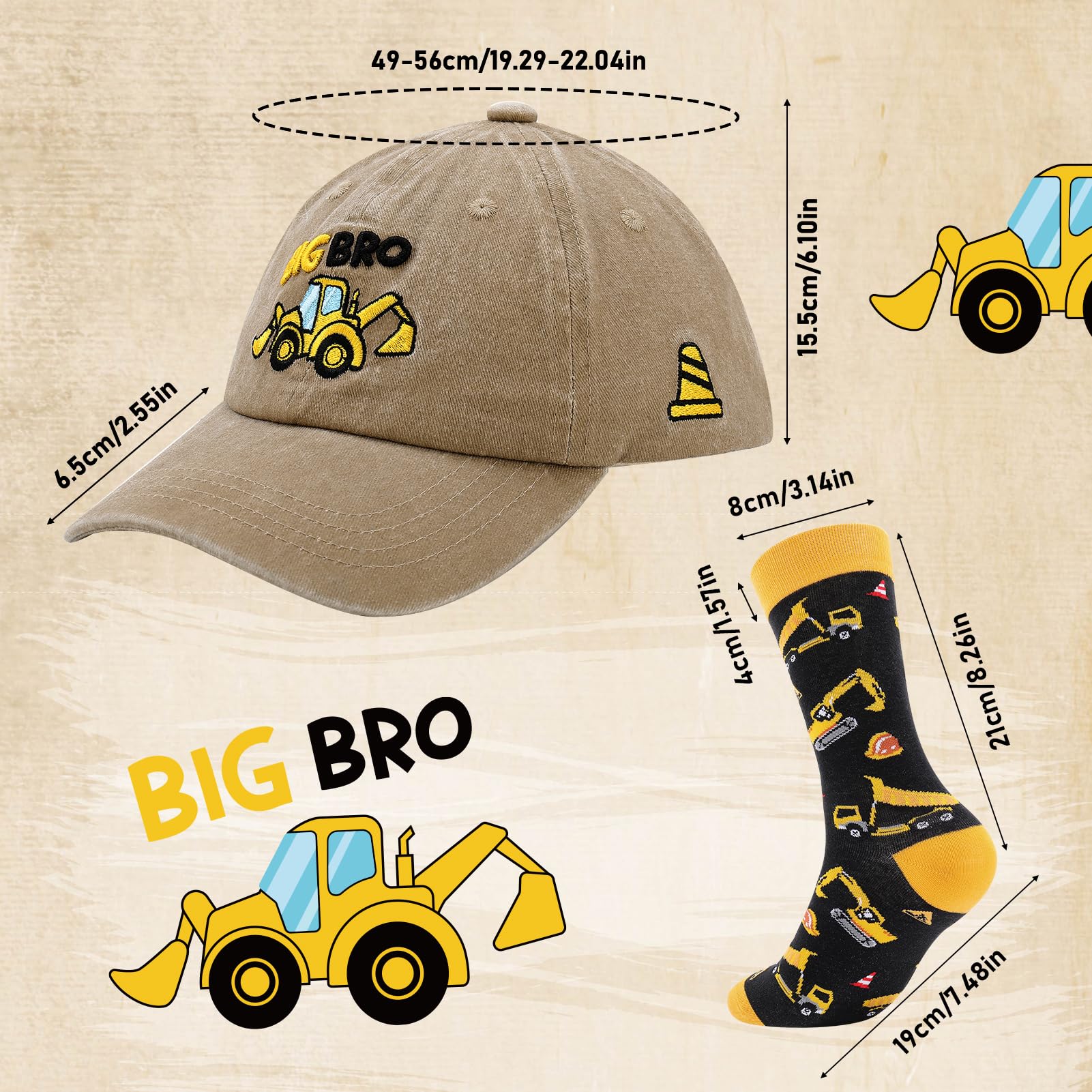 2 Pack Promoted to Big Brother Gifts for Boy Toddler, Includes 1 Big Brother Baseball Hat Toddler with Excavator Design 1 Pair Baby Boy Tractor Socks Light Khaki
