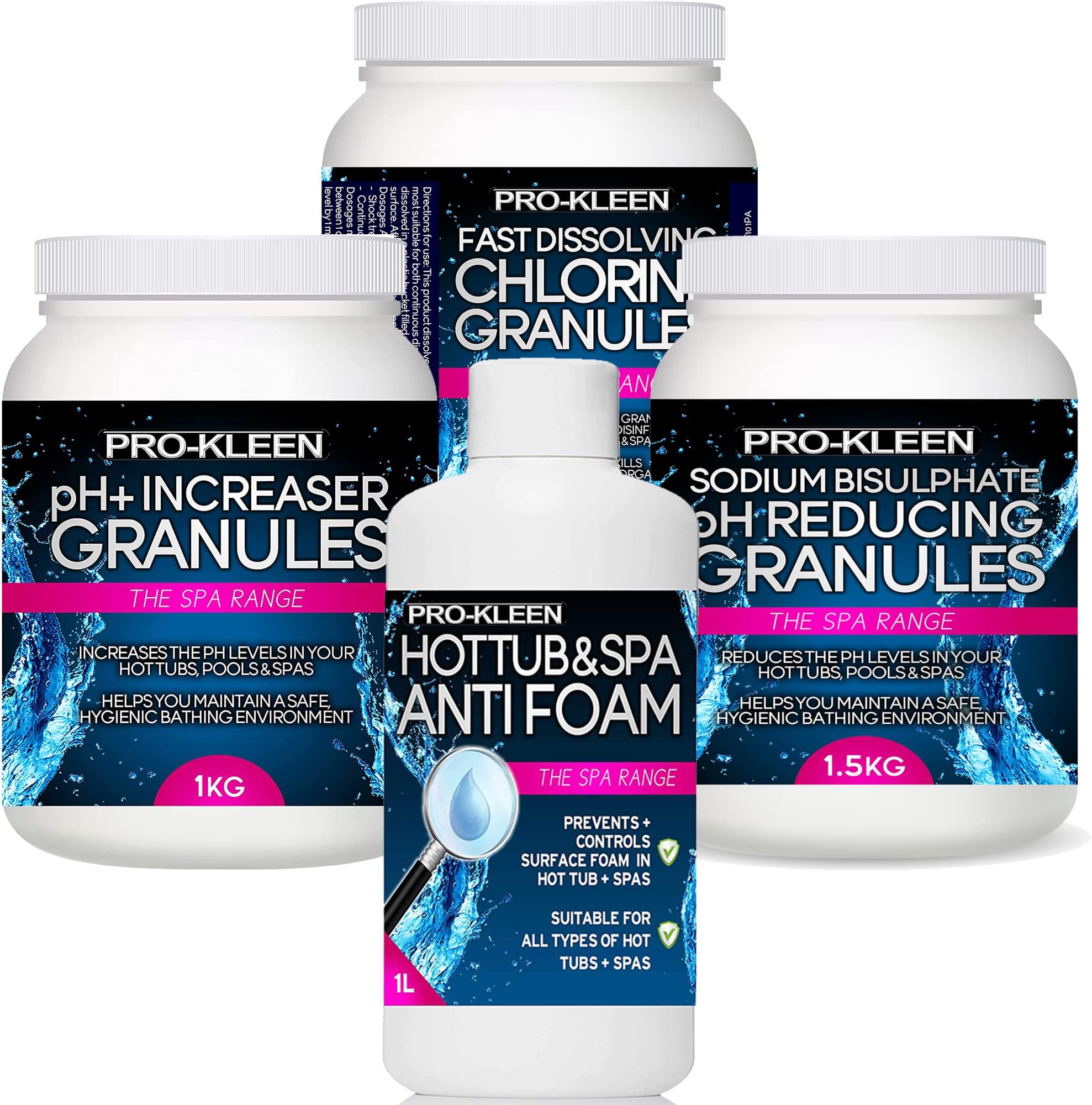 Hot Tub Starter Kit - Fast Dissolving Chlorine Granules 1kg, Hot Tub PH Reducer Sodium Bisulphate 1.5kg, pH+ Plus Increaser Granules 1kg & Hot Tub Anti-foam 1L -Hot Tub Maintenance Kit