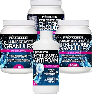 Pro-Kleen Hot Tub Starter Kit - Fast Dissolving Chlorine Granules 1kg, Hot Tub PH Reducer Sodium Bisulphate 1.5kg, pH+ Plus Increaser Granules 1kg & Hot Tub Anti-foam 1L -Hot Tub Maintenance Kit