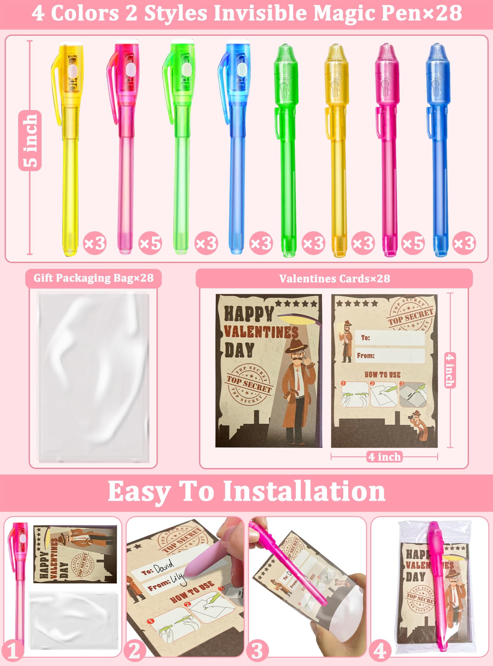 iGeeKid 28 Pack Valentine's Day Cards for Kids Invisible Ink Pen with UV Black Light Valentine Gift School Supplies Secret Spy Pens Magic Disappearing Ink Markers Valentine's Gift Classroom Exchange