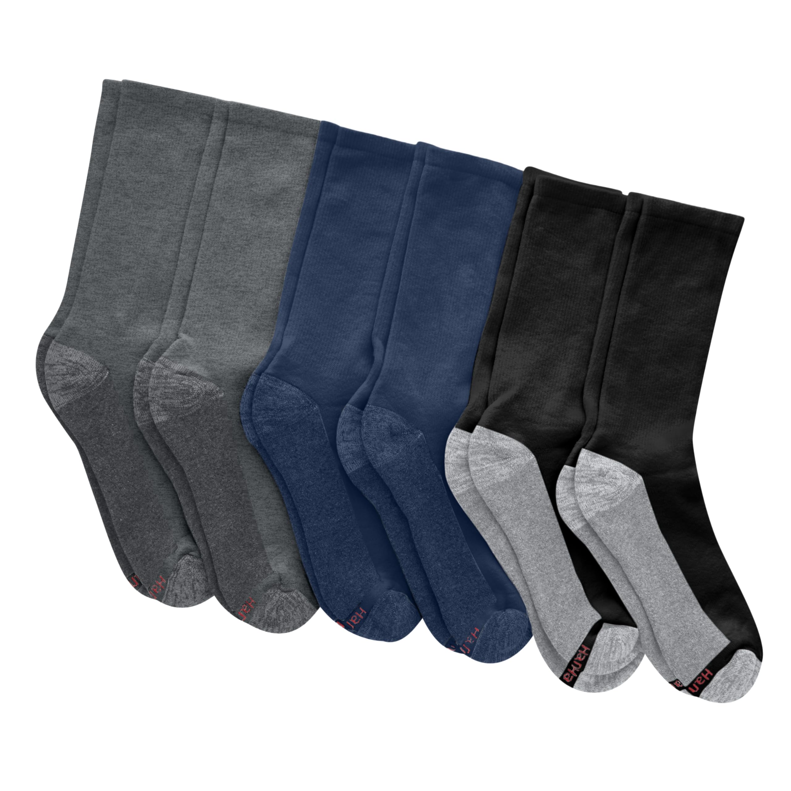 Hanes Męskie skarpety Max Cushioned Crew, odprowadzające wilgoć z kontrolą zapachu, wielopak, grafitowy/granatowy/czarny, 6 sztuk, 12-14 UK (6 sztuk), Węgiel drzewny/granatowy/czarny - 6 szt, 46-48 EU