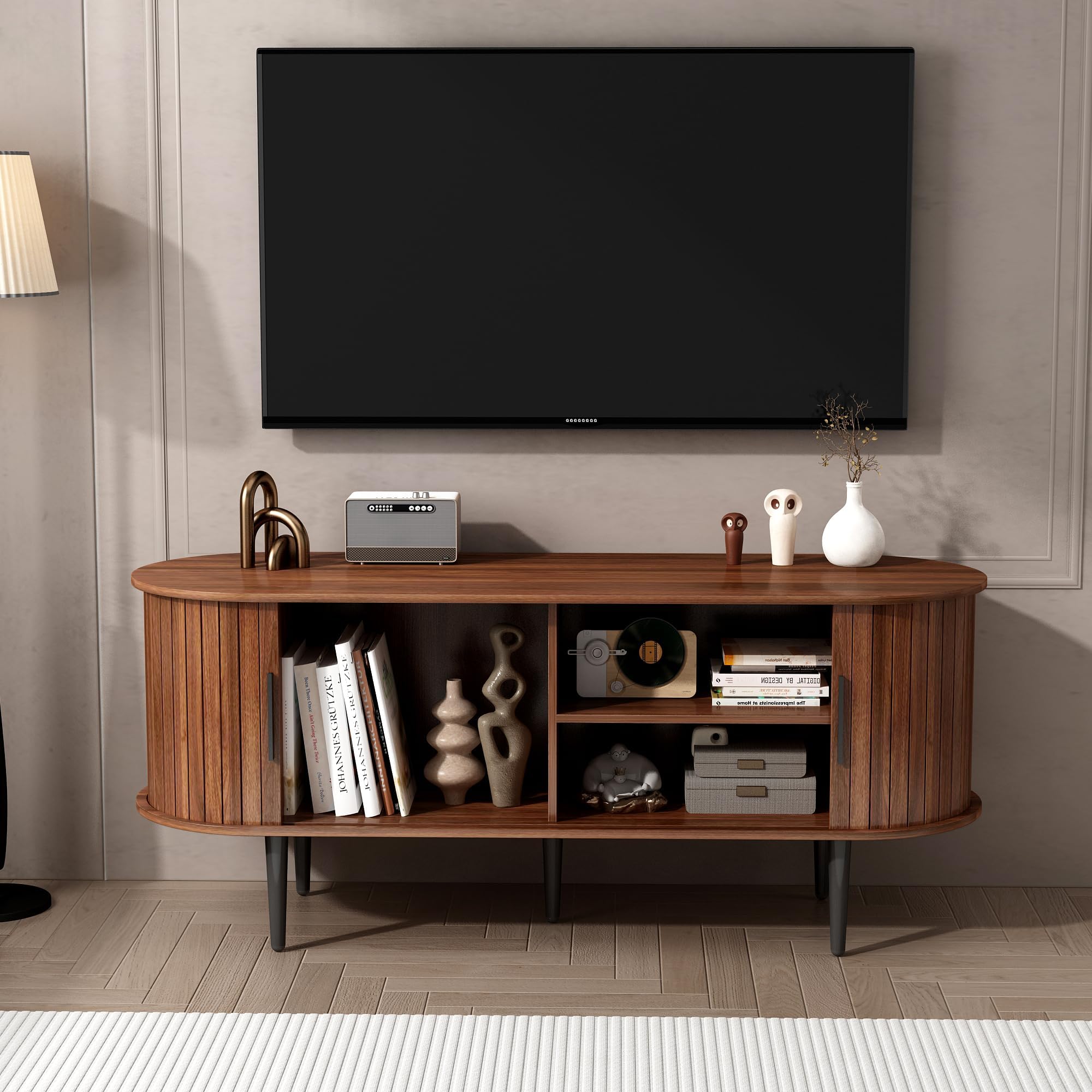 TV Stand, 47" Modern TV Console Table with Storage Compartment and Sliding Door, Gaming Entertainment Center with Cabinet for Living Room, Bedroom, Office (Walnut) (47 inch)