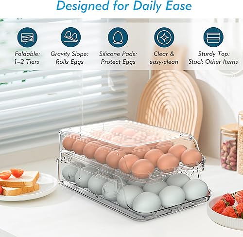 Miniatura 2 de Soporte para huevos para refrigerador, contenedor plegable automático para refrigerador, bandeja organizadora de huevos apilable de gran capacidad,