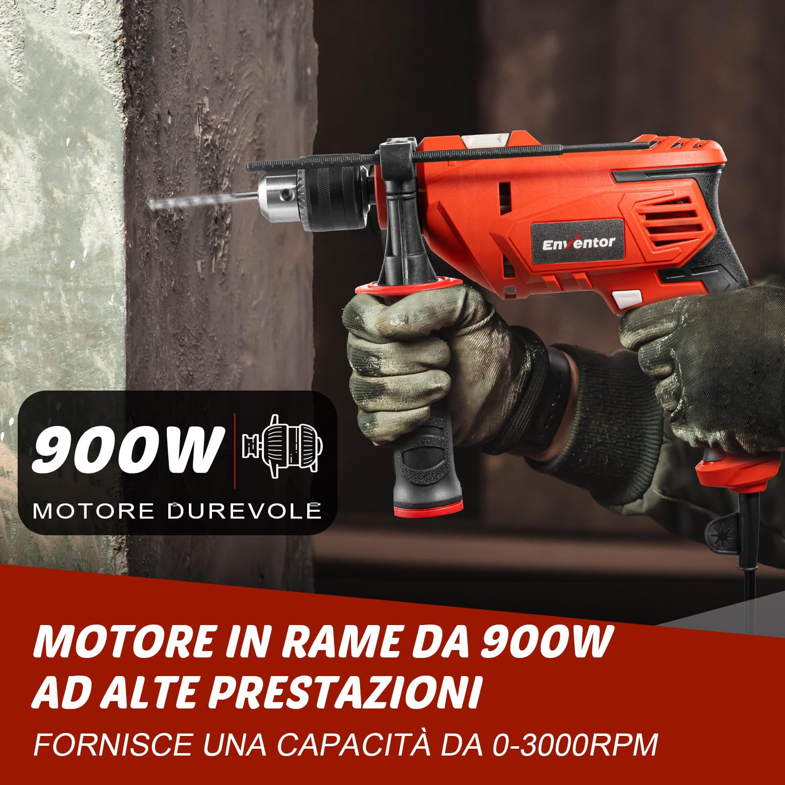 Enventor Trapano a Percussione 900W, Trapano Elettrico a Filo con 37 Accessori, Funzione 2 in 1, 0-3000RPM, Impugnatura Ausiliaria a 360°, Mandrino da 13MM, per Calcestruzzo, Metallo e Legno