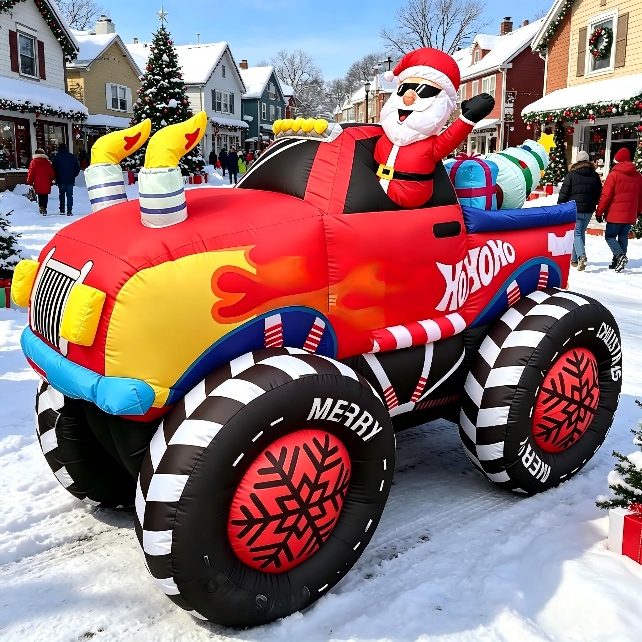 2,5 m großer aufblasbarer Weihnachtsmann-Truck: Der Weihnachtsmann mit Sonnenbrille winkt aus dem Truck, der Geschenkboxen und einen Weihnachtsbaum transportiert – perfekt für Terrasse und Garten