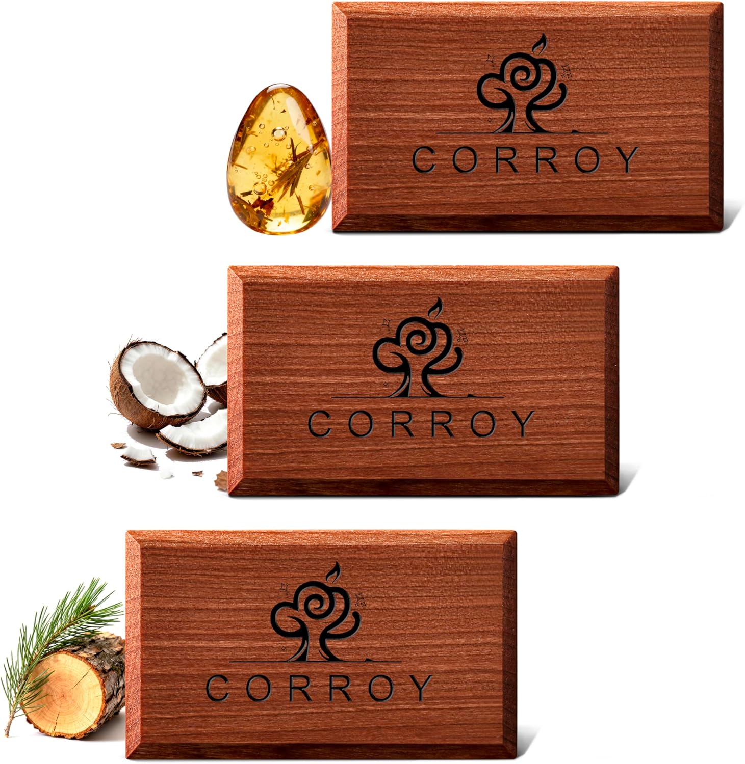 CORROY Car Vent Clip Air Freshener Refills - Natural Essential Oil Scents (3-Pack: Amber, Coconut, Pine) Odor Eliminator