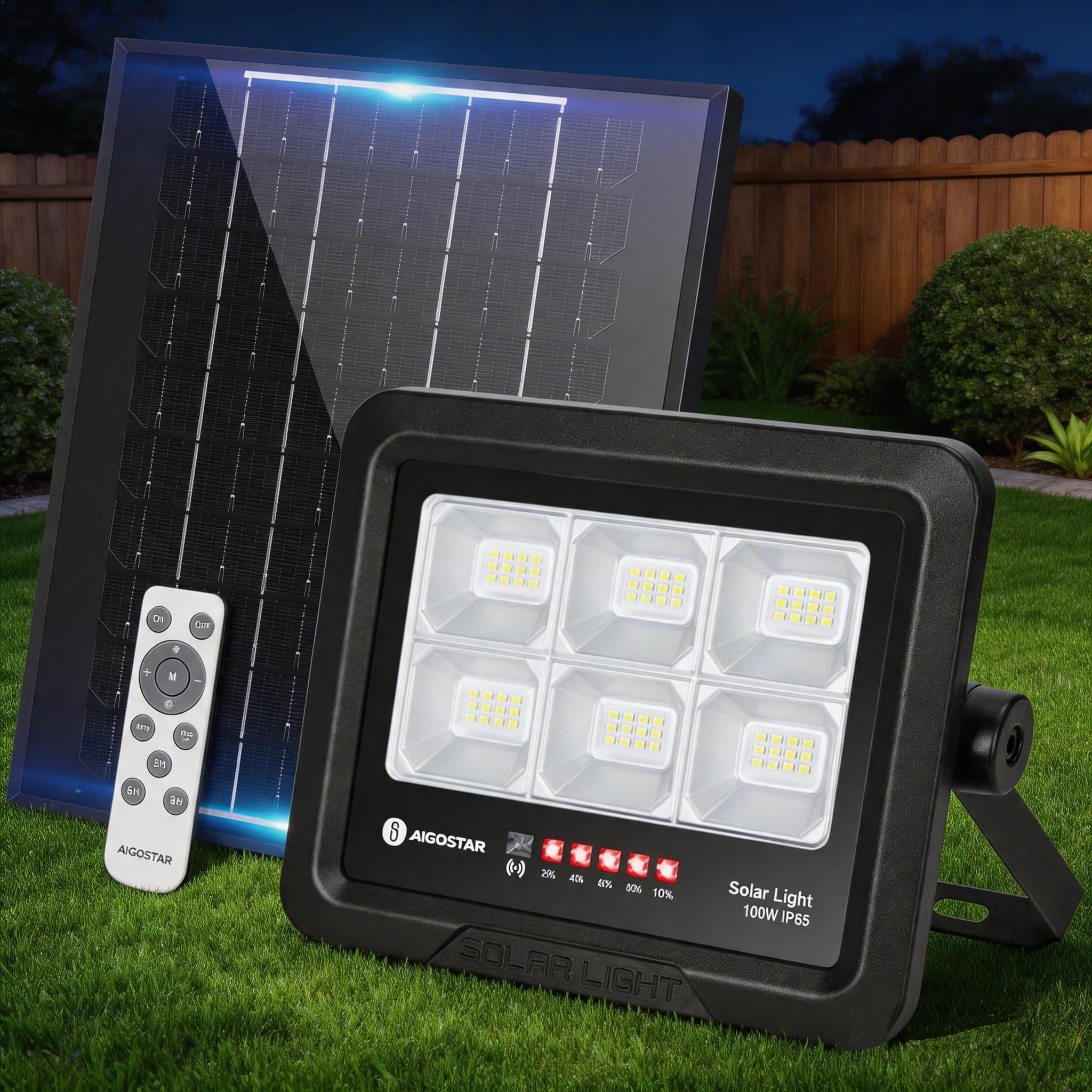 Aigostar Foco Proyector LED Solar con mando a distancia 100w, Blanco Frío 6500K, Foco Solar Exterior Impermeable IP65,Proyector LED Exterior con Indicación del nivel de batería para Jardín,Garaje
