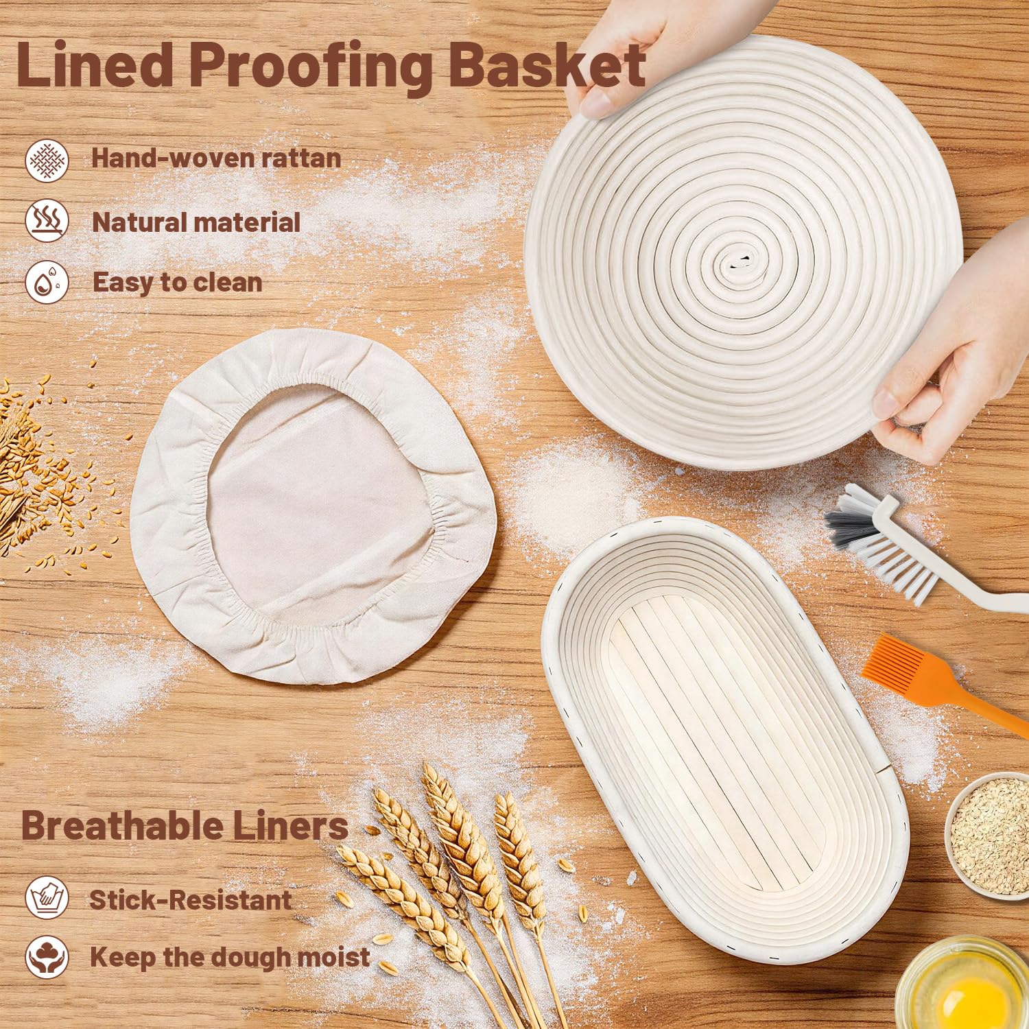 Set di base per impasti acidi, 12 pezzi, cestino per la fermentazione (23 cm rotondo, 26 cm ovale), in 100% rattan naturale, accessori per la cottura del pane per principianti, con bicchiere per pasta