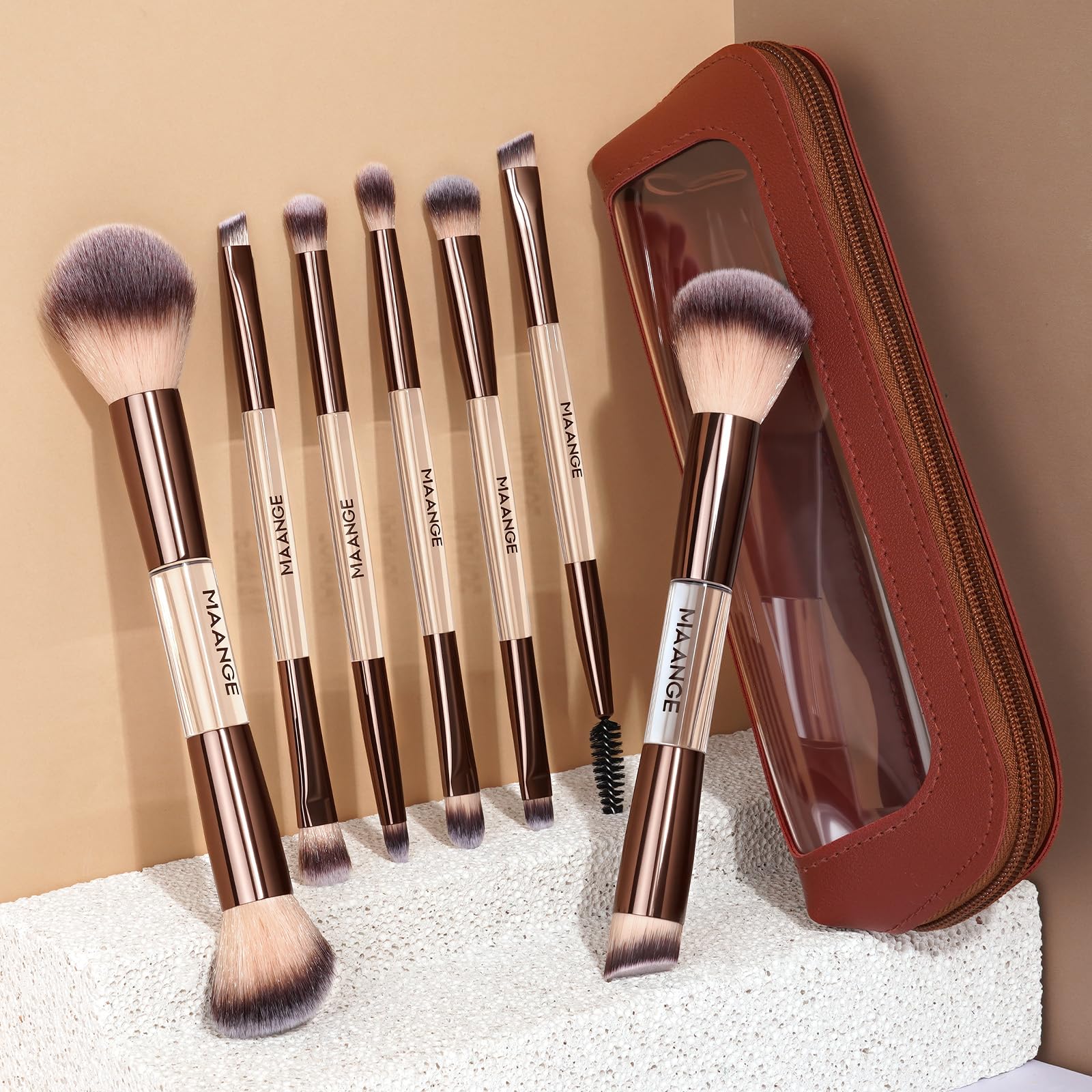 MAANGE Set di 7 pennelli per fondotinta con borsa, pennelli da trucco, pennello per ombretto, correttore, pennello a doppia punta, per fondotinta, contouring, cipria, fard, set professionale di