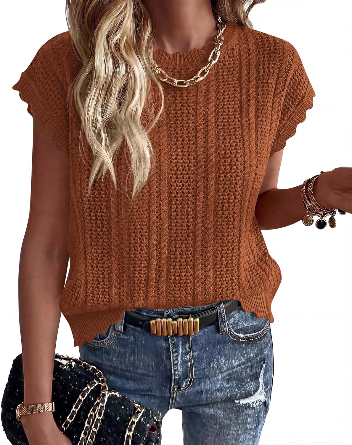 KIRUNDO Sweater Vest Women Crochet Top Cap Short Sleeve Sweater 2026 Spring Summer Cable Knit Pullover Beach Vacation Outfits