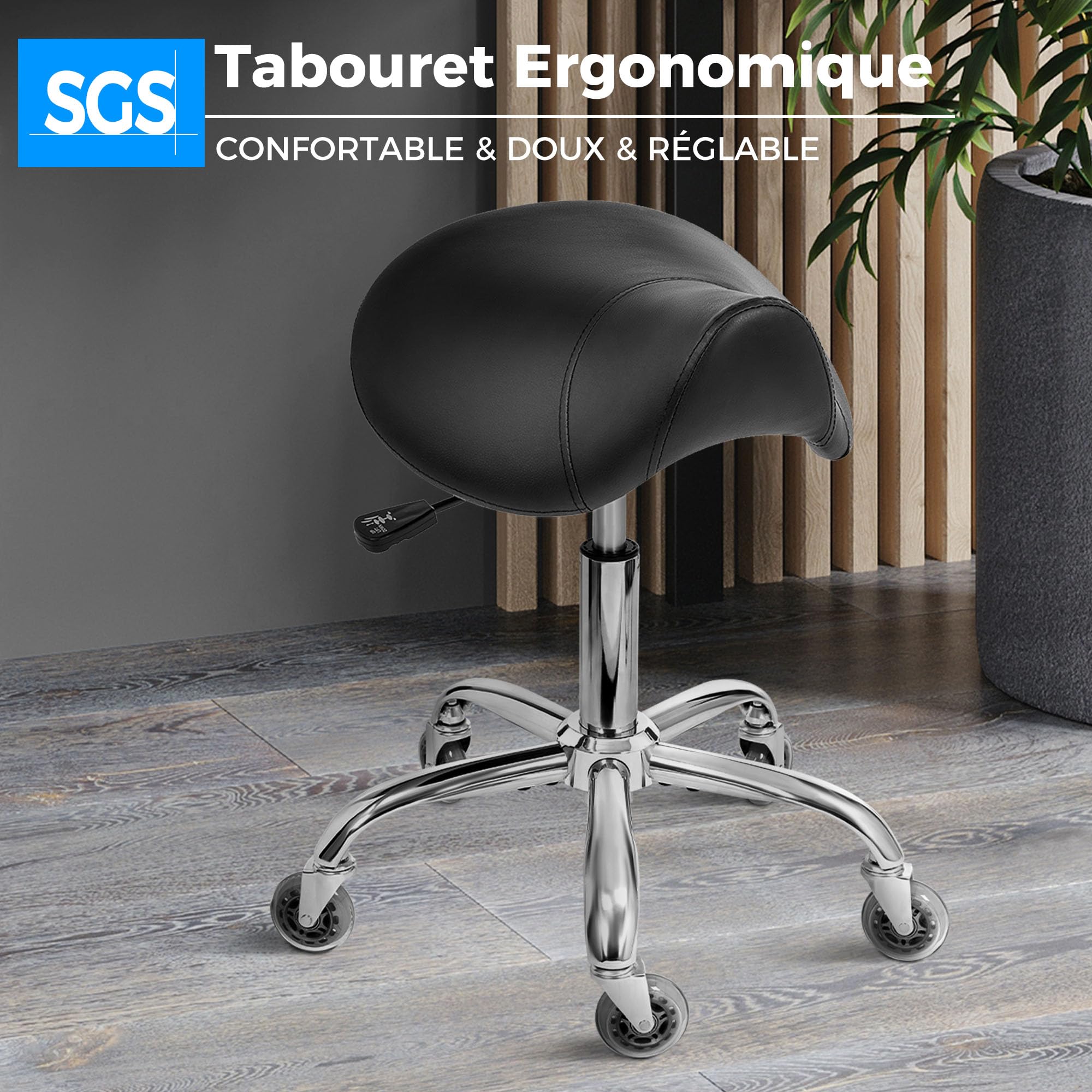 BEWISHOME Tabouret à roulettes pivotant et réglable en Cuir synthétique résistant avec Large Coussin d'assise Ergonomique pour Laboratoire,Bureau,Salons,cliniques (Noir)