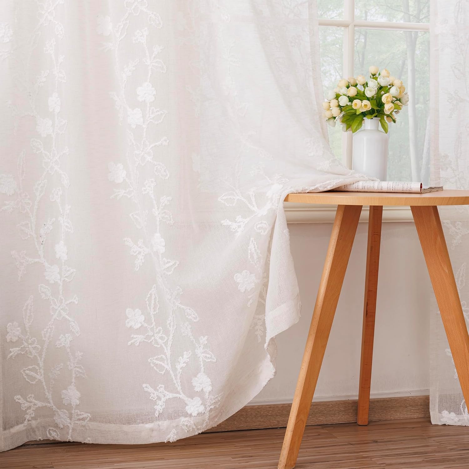 Sheer Curtains 96 Inches Long, Embroidered Floral Curtains for Living Room Bedroom Window, Light Filtering Semi Sheer Curtain Tulle Drapes 2 Panels Set Rod Pocket-Beige, 52\"x96\" 52\"W x 96\"L (Pack of 2