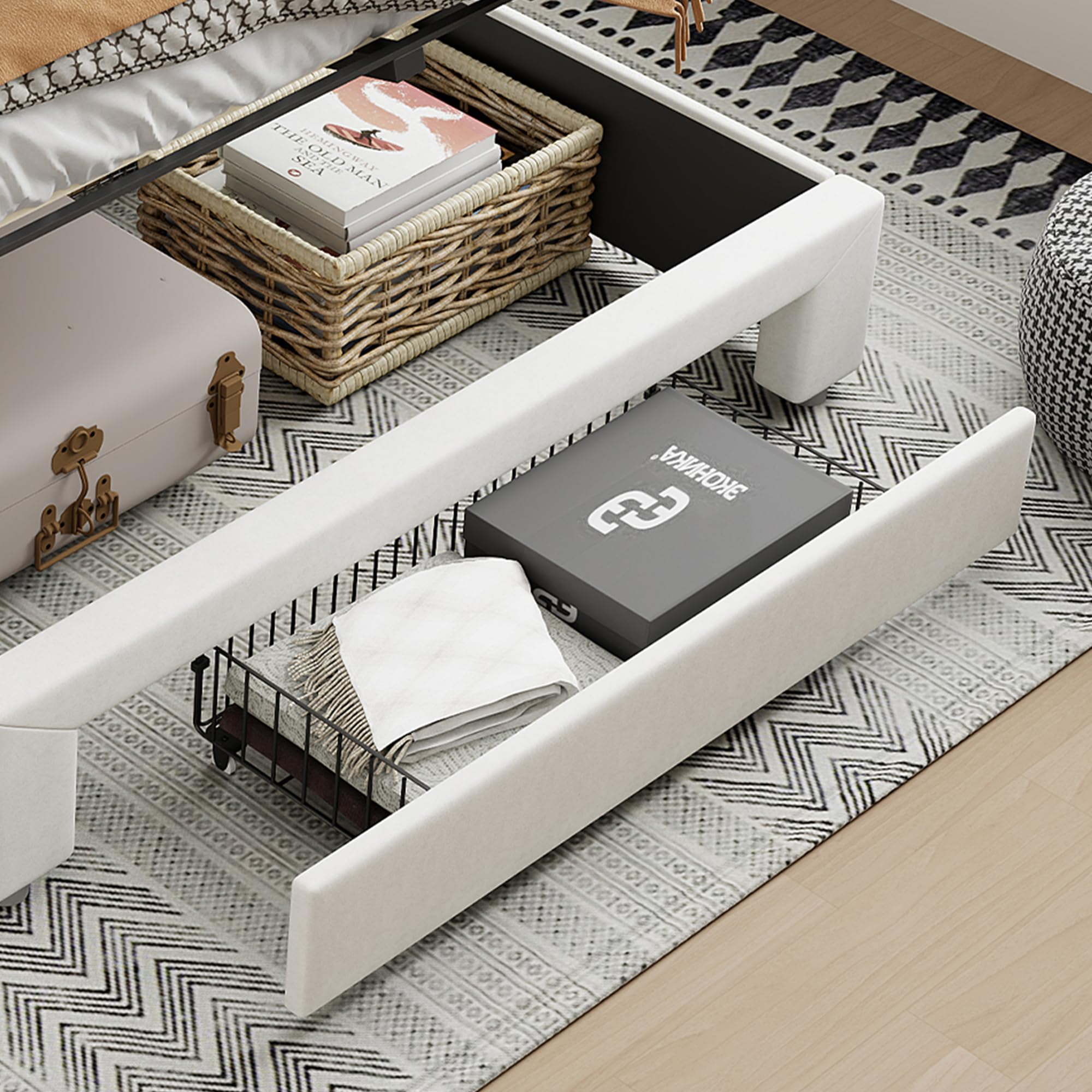 Letto imbottito idraulico 160 x 200 cm, letto matrimoniale con USB e illuminazione a LED, con rete a doghe e testiera del letto, velluto, beige bianco