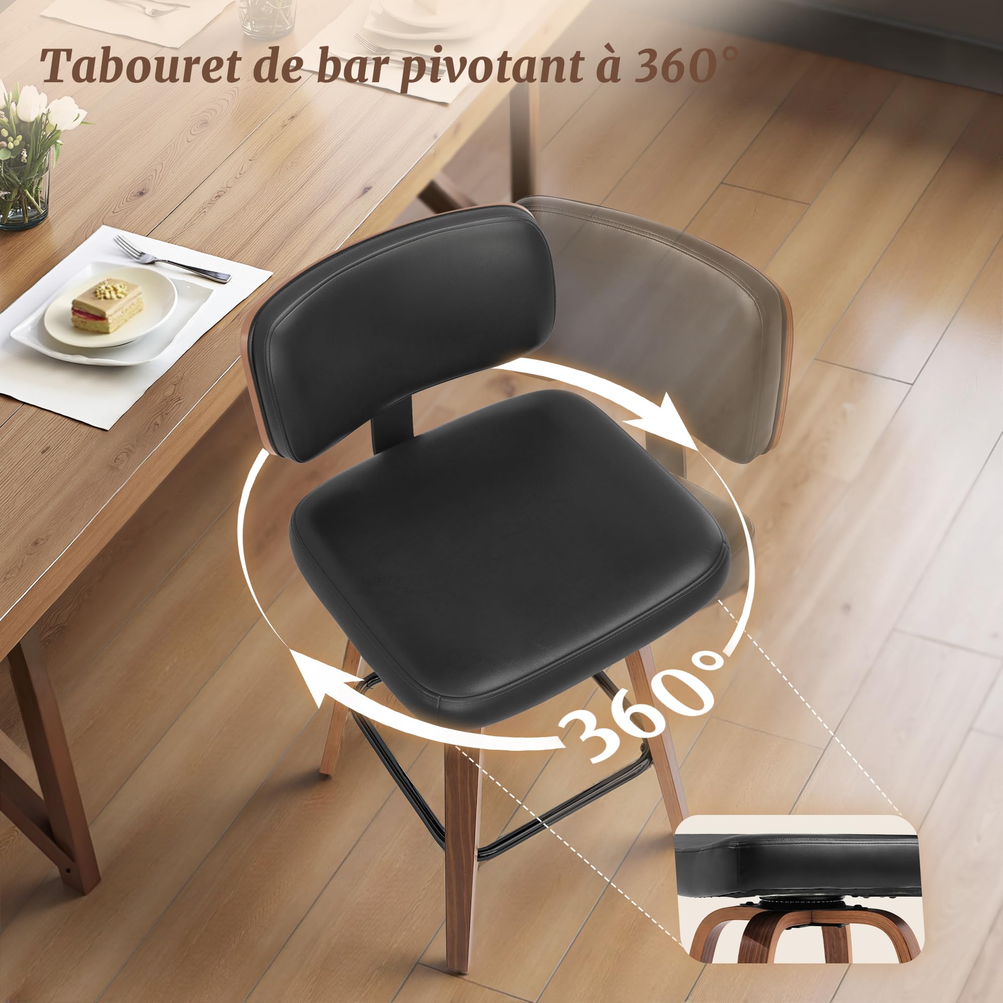 LUE BONA Tabouret Bar Rotatif sur 360°,Tabourets de Bar Lot de 2,Chaises de Bar avec Matelassé Simili Cuir,Hauteur 67 cm,Tabouret Bar Bois avec Dossier et Repose-Pieds,pour Cuisine,Bar,Noir
