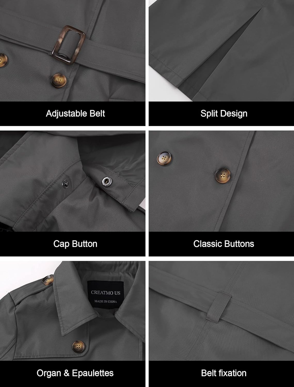 CREATMO US Women's Plus Size Trench Coat Double-Breasted Classic Lapel Overcoat Belted Outerwear Coat with Detachable Hood - Image 6