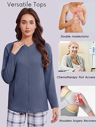 Deyeek Mastectomy Shirts with Drain Pockets Post Shoulder Surgery Tops for Women Chemo Port Long Sleeve with Zippers