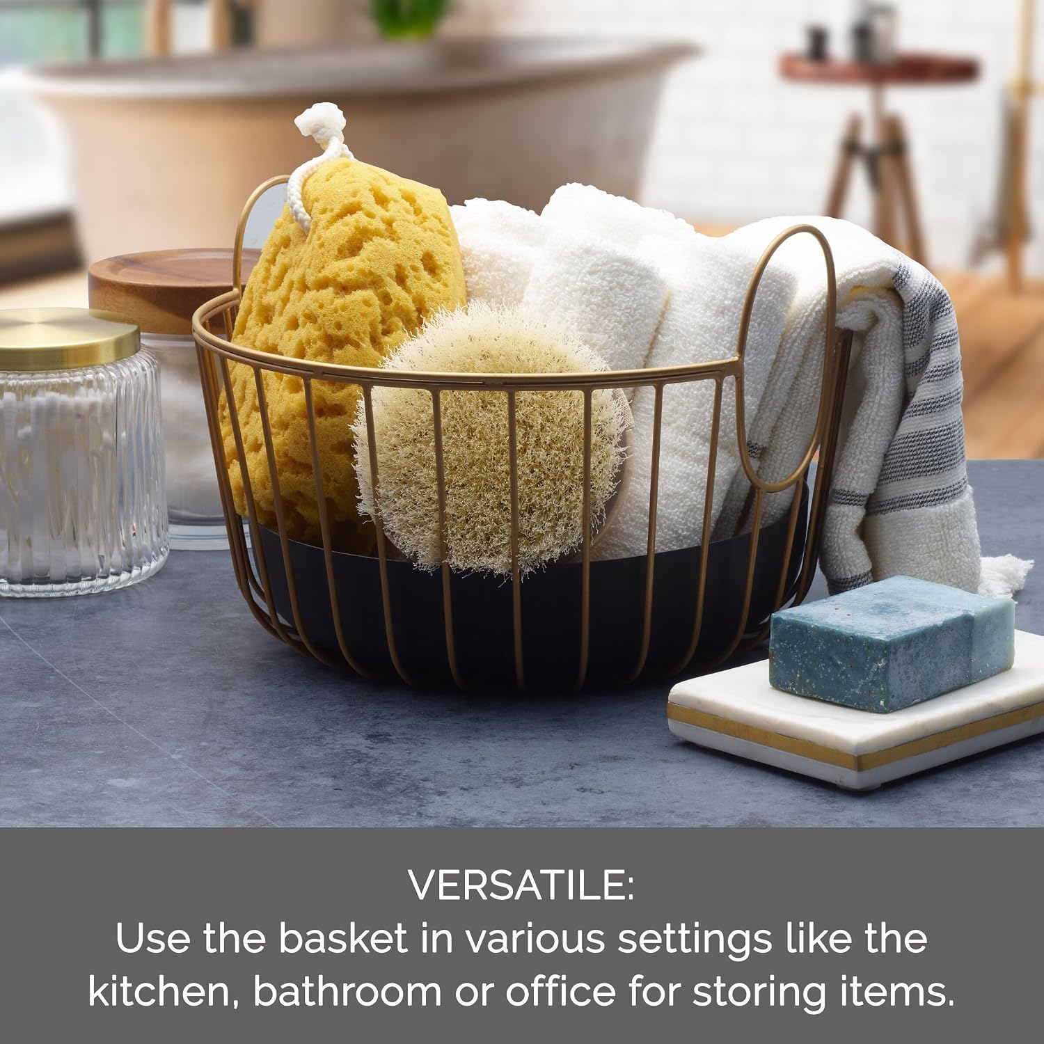 Gourmet Basics by Mikasa Aztec Gold-Finish Metal Fruit and Vegetable Storage Basket, Kitchen Countertop Centerpiece with Black Inner Wire Basket