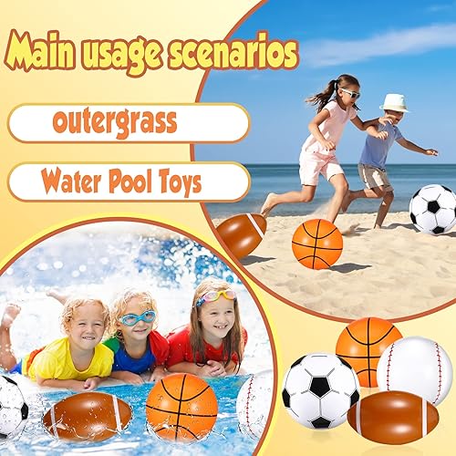 Miniatura 6 de Sosation 8 bolas inflables deportivas de 16 pulgadas, pelota de playa inflable de 4 estilos, decoraciones de fiesta deportiva, pelotas de piscina,