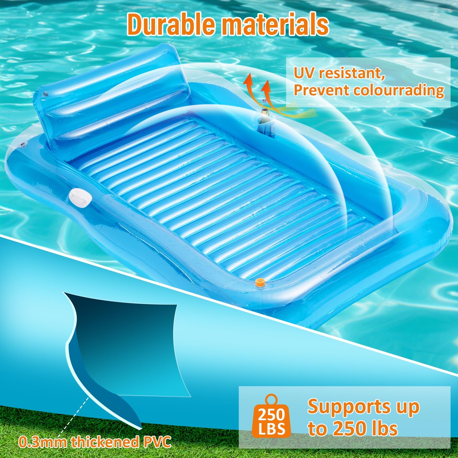 Aufblasbare Sonnenliege mit Sprinkler, Poolschwimmer für Erwachsene mit Kissen-Becherhalter, aufblasbares Sonnenbett, Sonnenbad-Raft, Floatie für Hinterhof, Pools, Strand, Sommer, Wasserparty