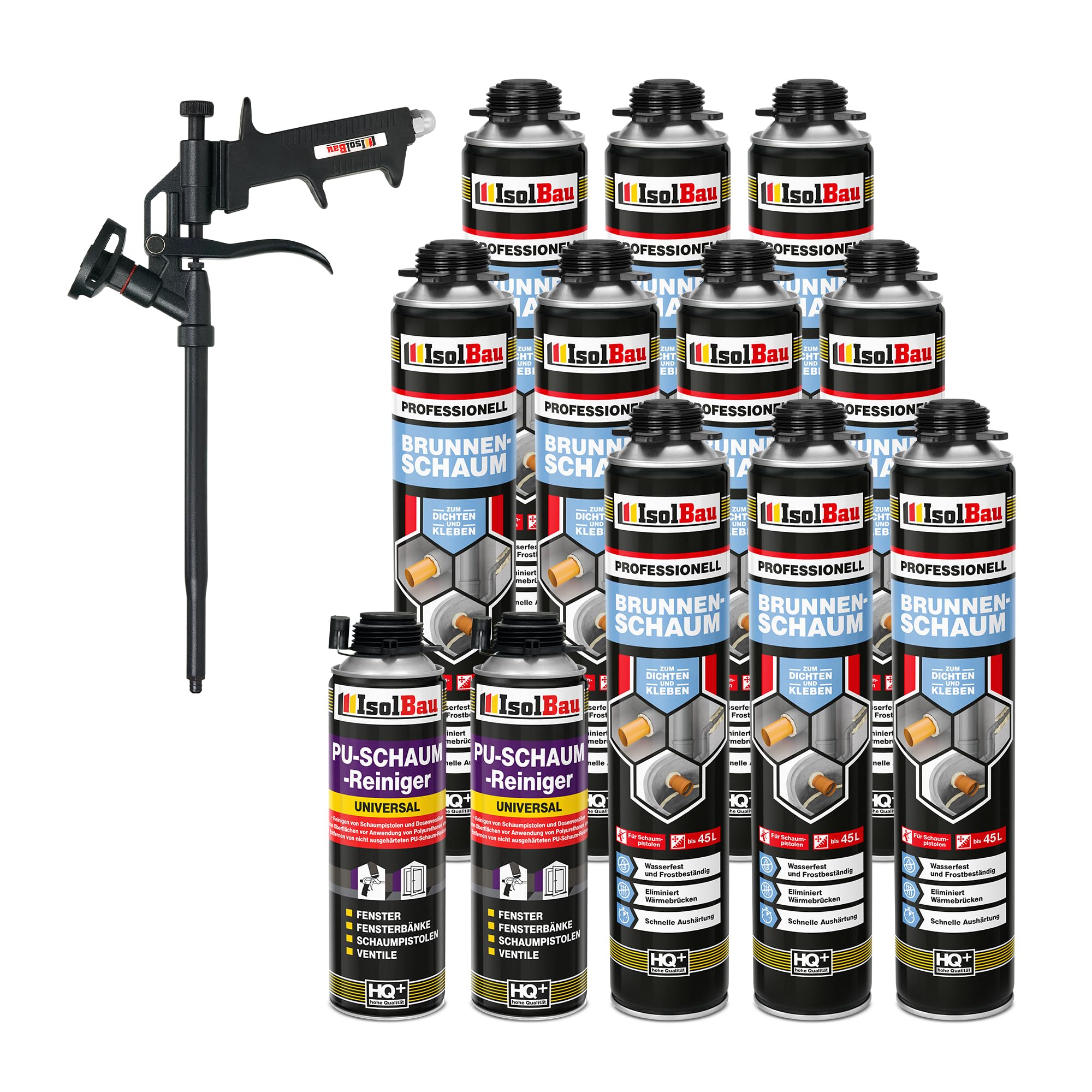 Isolbau - Brunnenschaum 1K Bauschaum Wasserdicht Aussen und Innen - 10 x Montageschaum 750 ml, 2 x PU-Schaum-Reiniger & 1 x Schaumpistole - PU-Schaum - Pistolenschaum Dämmschaum Isolierschaum