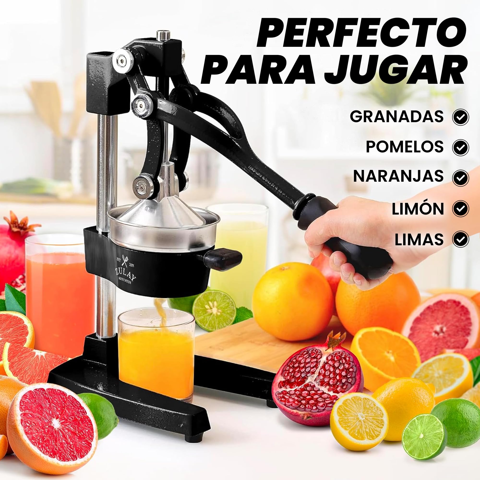 Zulay Kitchen Exprimidor de cítricos profesional para naranja, limón y lima - prensa manual de metal con soporte