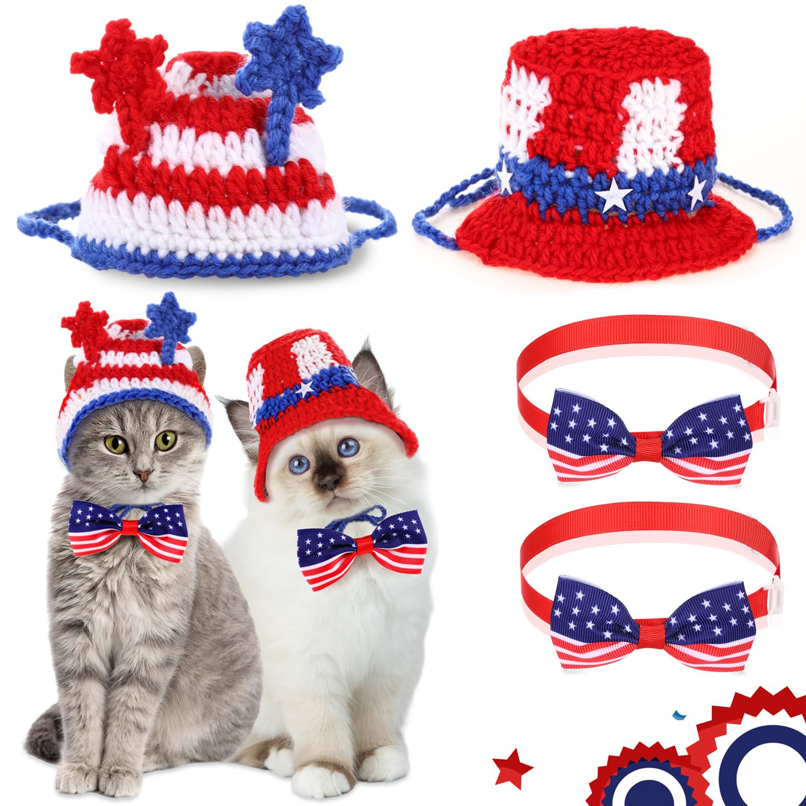 Ganeen 4 Pcs Independence Day Cat Costume 4th of July Pet Hat Headband American Flag Bow Tie Dog Cap USA Small Animal Top Hats National Day Bowtie