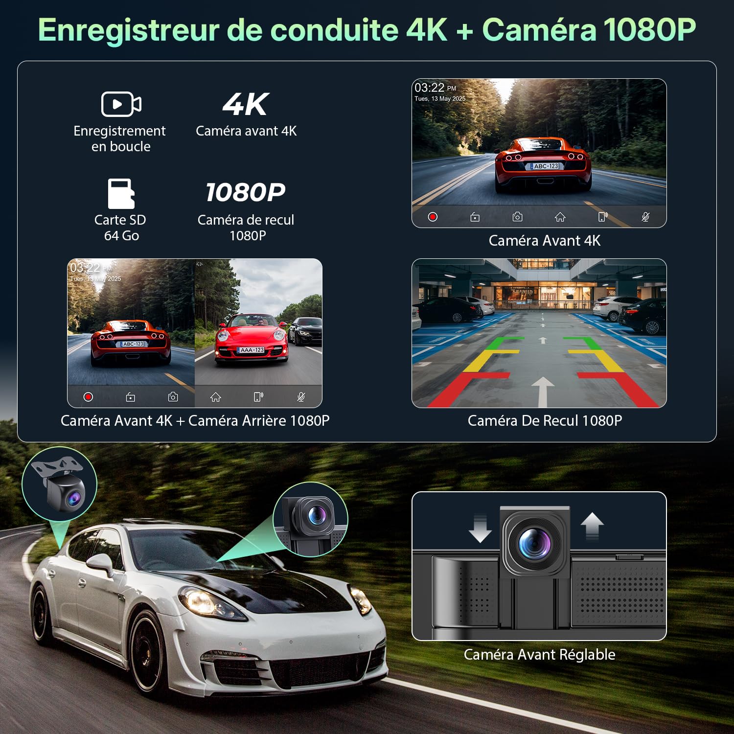Schermo CarPlay Auto 9" compatibile con Apple CarPlay e Android Auto wireless, SuperLink e AirPlay doppio mirroring, dashcam 4K + retrocamera 1080P, registrazione in loop, 64GB inclusi, Bluetooth