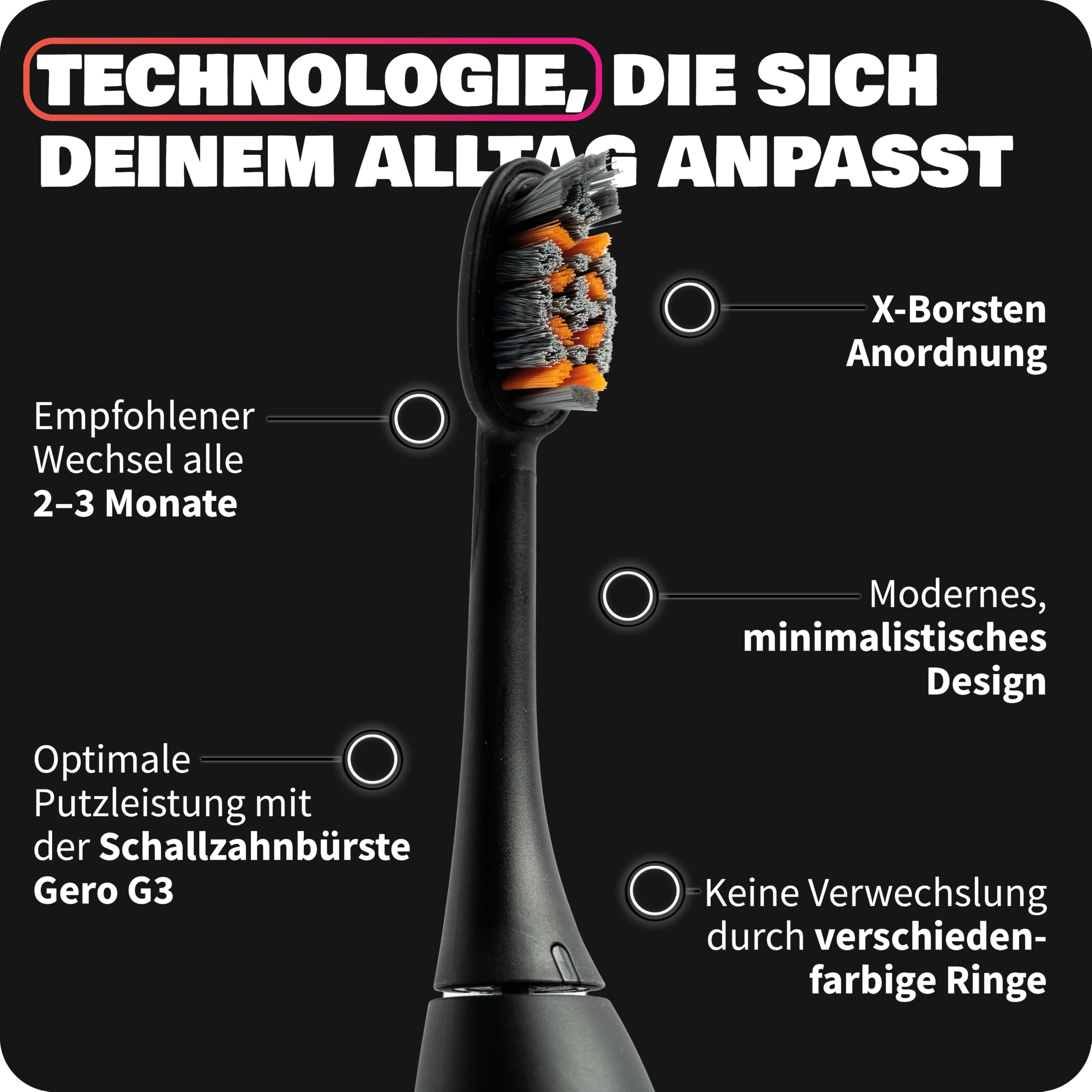 Zahnheld Bürstenkopf Pro X-Clean 9er-Set, Gero G2 & G3, Schwarz | Zahnbürstenköpfe, Aufsteckbürsten für Schallzahnbürste, elektrische Zahnbürste, Plaqueentfernung