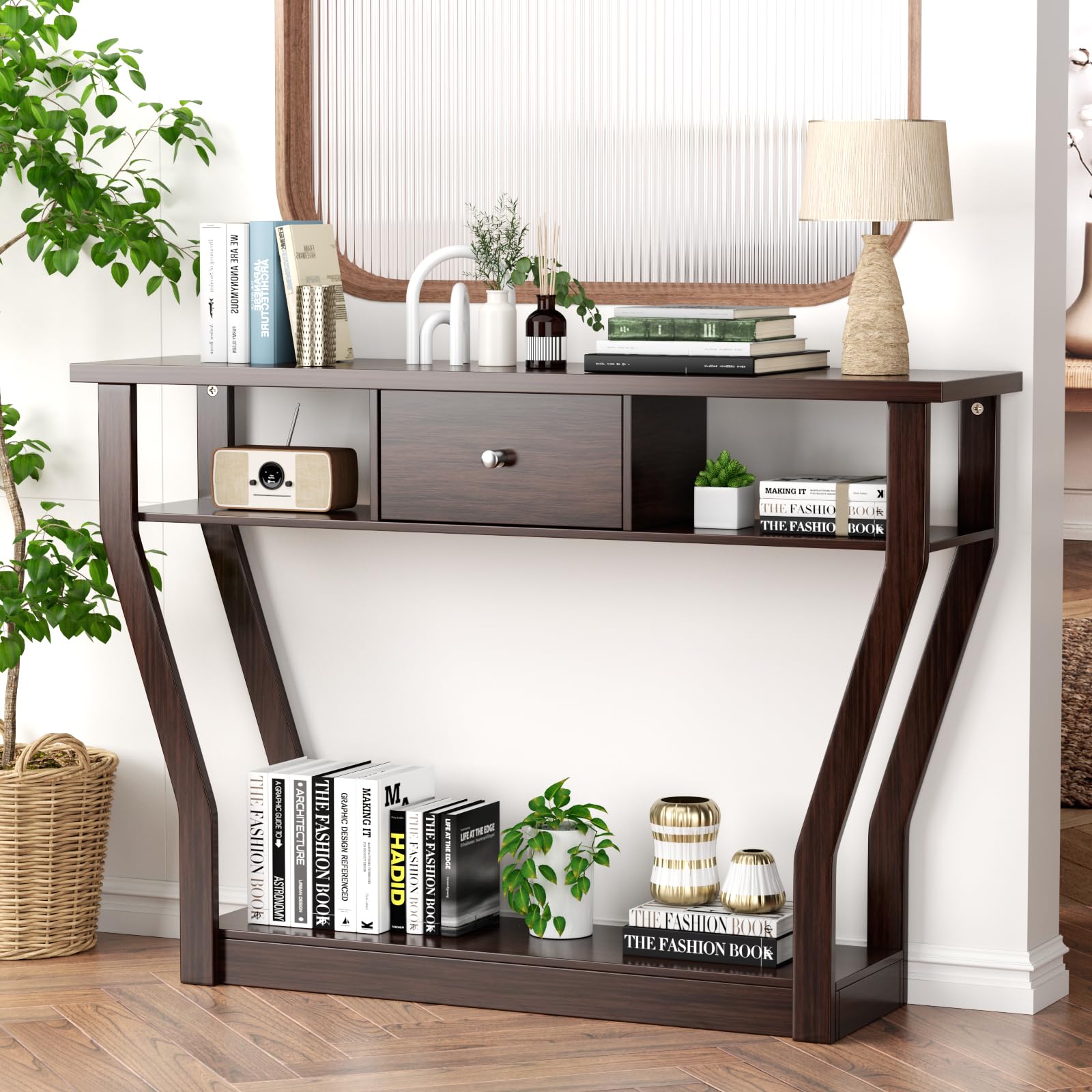 GOPLUS Mesa Consola de MDF Anti-Bascular con Cajón y 3 Estantes, Consola con Base Estable y Duradera, Mesa de Entrada para Dormitorio, Salón, 120 x 30 x 81 cm, Carga Máxima 50 kg (Marrón)