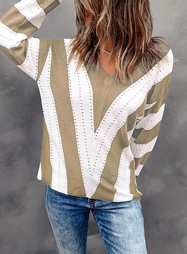 Vista 3 de EVALESS Suéteres para mujer, manga sexy, cuello en V profundo, casual, tejido a rayas