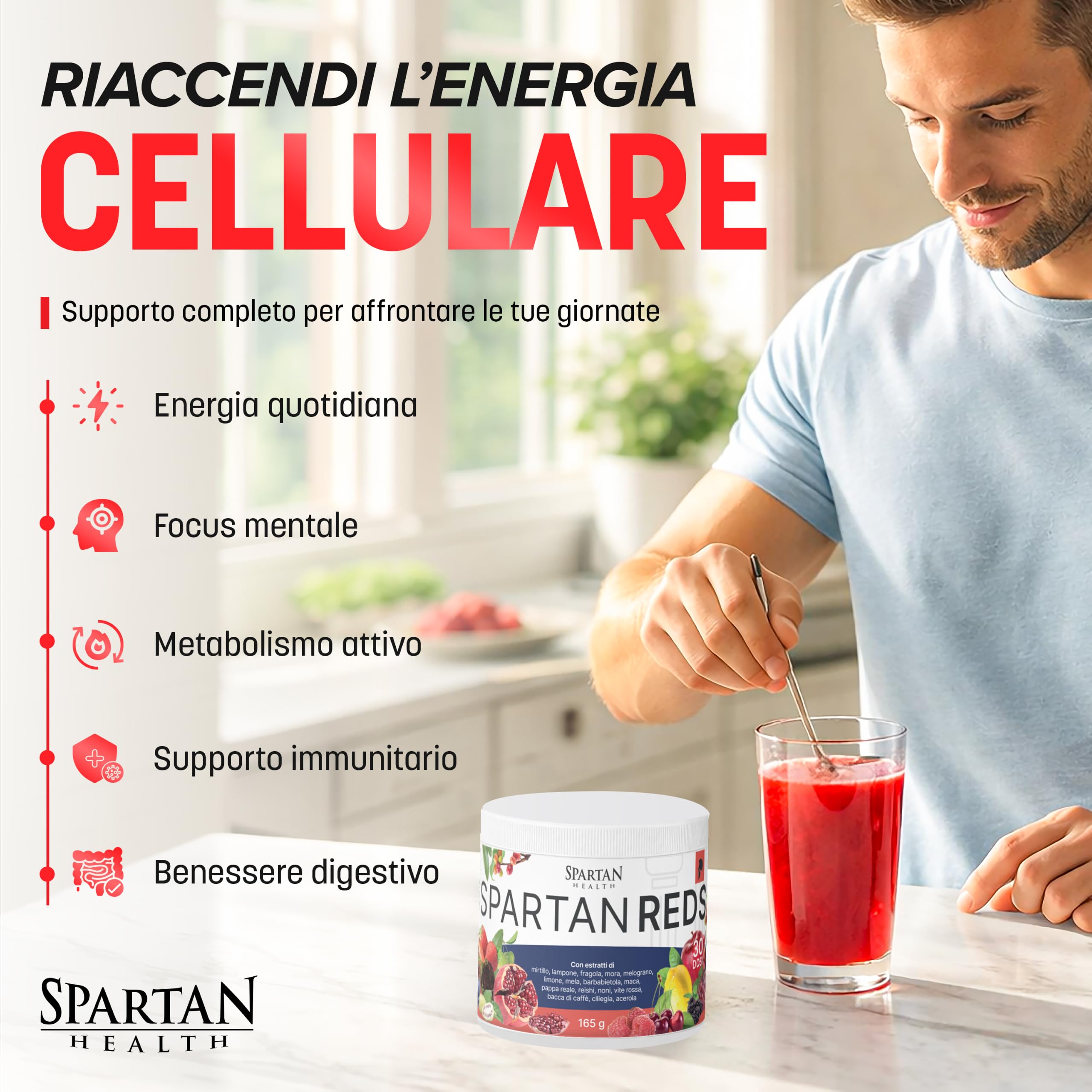 Spartan Health – Spartan Reds – Integratore Antiossidante Energizzante con Maca, Reishi e Noni – L'Evoluzione dell'Estratto di Mirtillo Rosso e Vitamine Vegetali – Superfood in Polvere