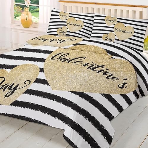 Sabolny Juego de funda de edredón de San Valentín tamaño Queen de microfibra suave lavada con lazoscremallera color dorado para el día de San