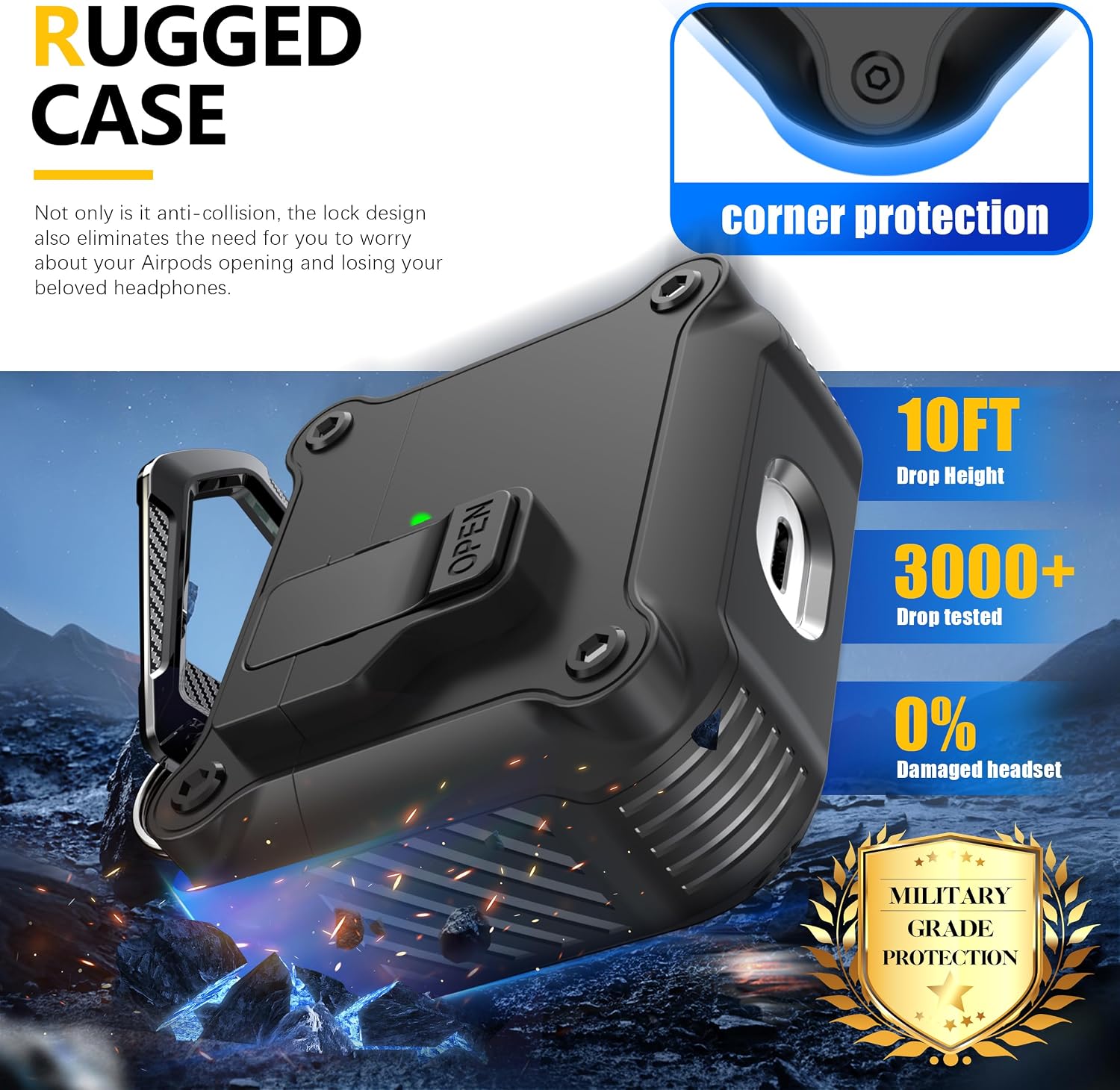 RFUNGUANGO for Airpods 3rd Generation Case with Secure Lock Clip, Full Body Shockproof Hard Shell Protective,for AirPods 3 Case Compatible with Apple AirPod 3rd Gen 2021 [Front LED Visible] - Black image 3
