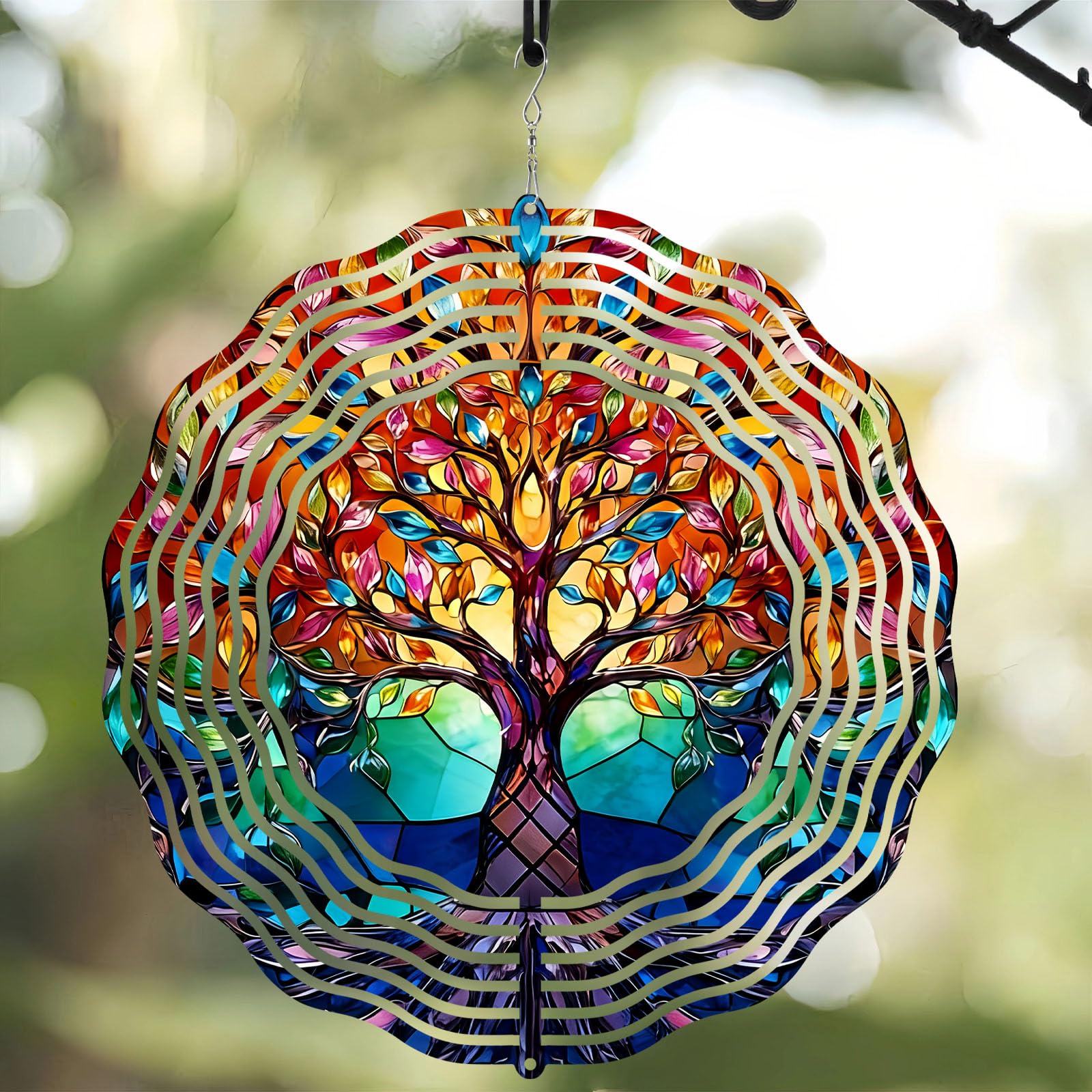10 Inch Tree of Life Wind Spinner, 3D Stainless Steel Hanging Kinetic Wind Sculpture for Home Garden Yard Art Lawn Balcony Window Porch Outdoor Indoor Decor
