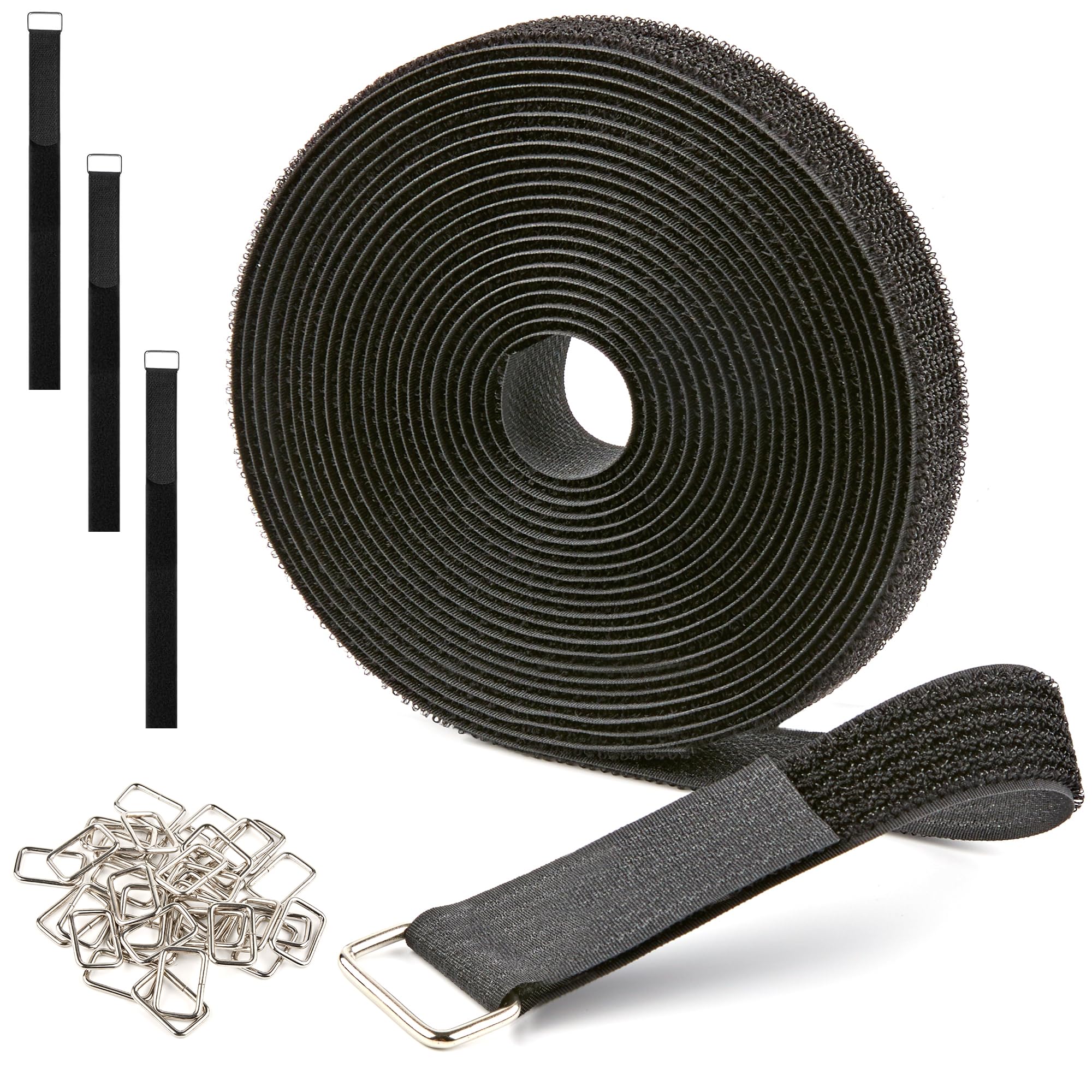 1" x 15ft Reusable Cable Straps Roll with 20 Metal Buckles Adjustable Cut-to-Length Nylon Cable Ties and Fastening Straps for Organizing and Storage Black