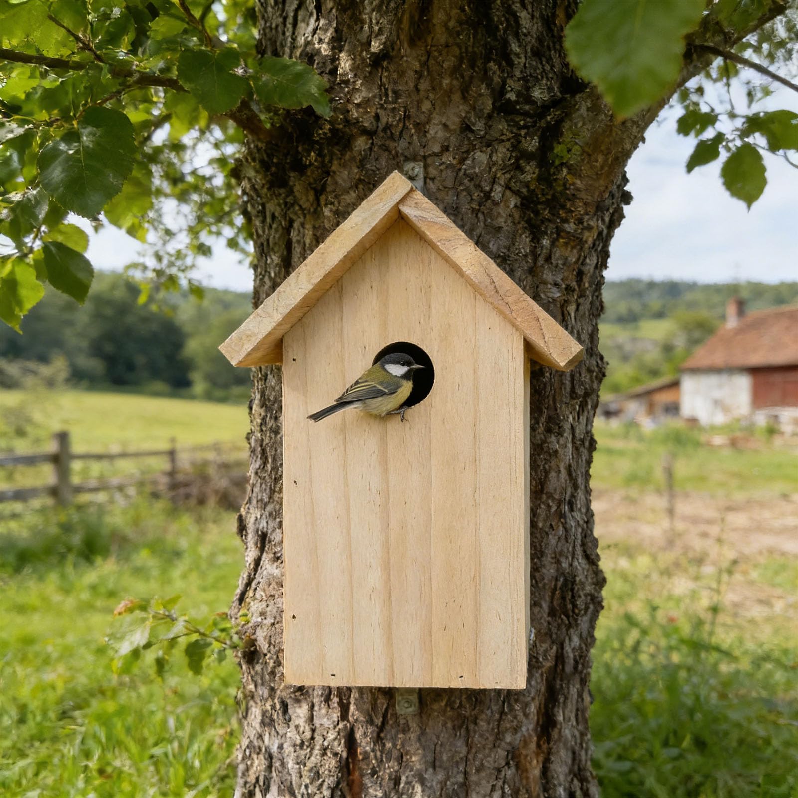 Genérico Casita para Pájaros De Madera Natural, Fabricada En Pino con Un Diseño Resistente A La Intemperie, Superficie Pintada Personalizable, Entrada De 3 Cm + Dimensiones De 26 X 14,5 X 12,3 Cm